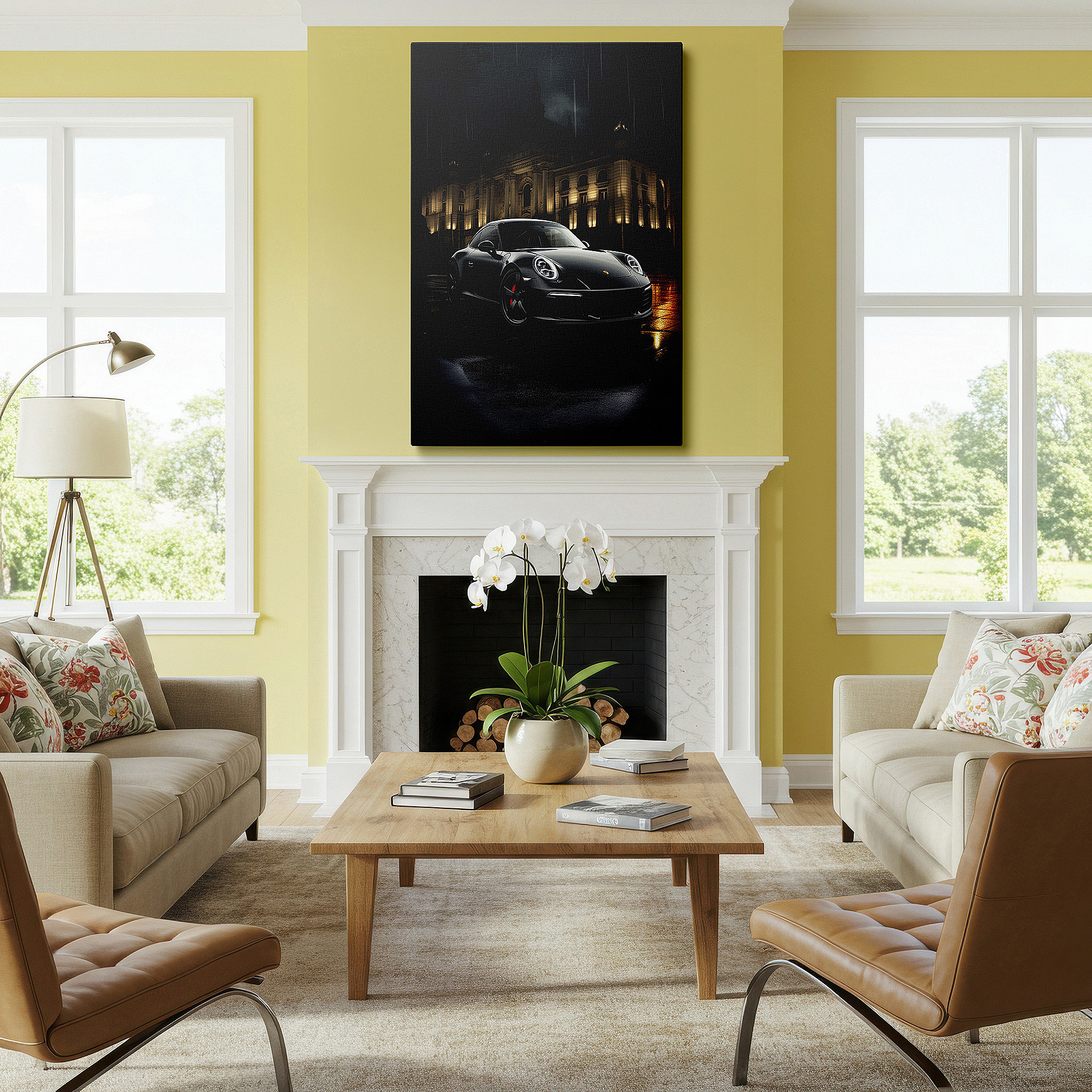 The 75×50 cm version anchors medium rooms without dominating them — wall art: stunning porsche 911 in rain with vibrant city lights and historical grandeur - large canvas wall art for office decor