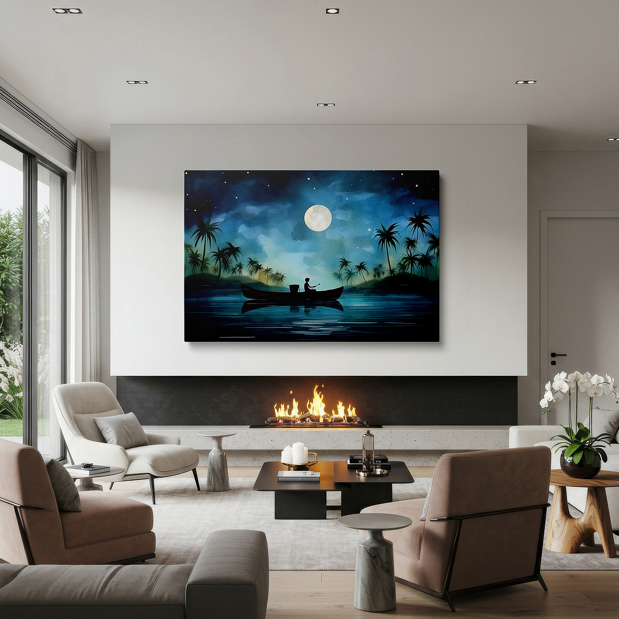 The 75×50 cm version anchors medium rooms without dominating them — wall art: tranquil canoe trip beneath the stars, capturing solitude and awe - large canvas wall art for office and bedroom decor