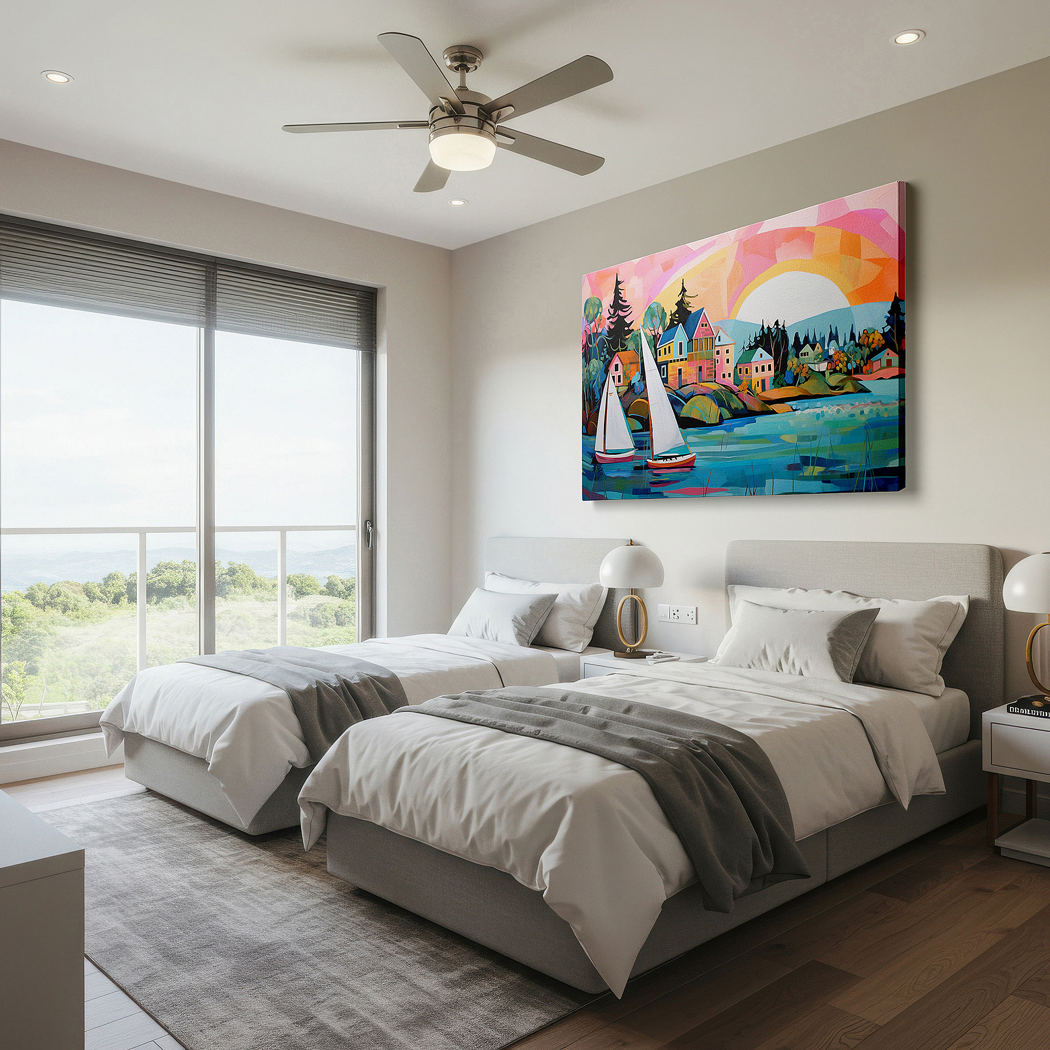 The 75×50 cm version anchors medium rooms without dominating them — wall art: tranquil seaside landscape featuring sailboats on sparkling waters, vibrant coastal town, and grand mountains - large canvas wall art