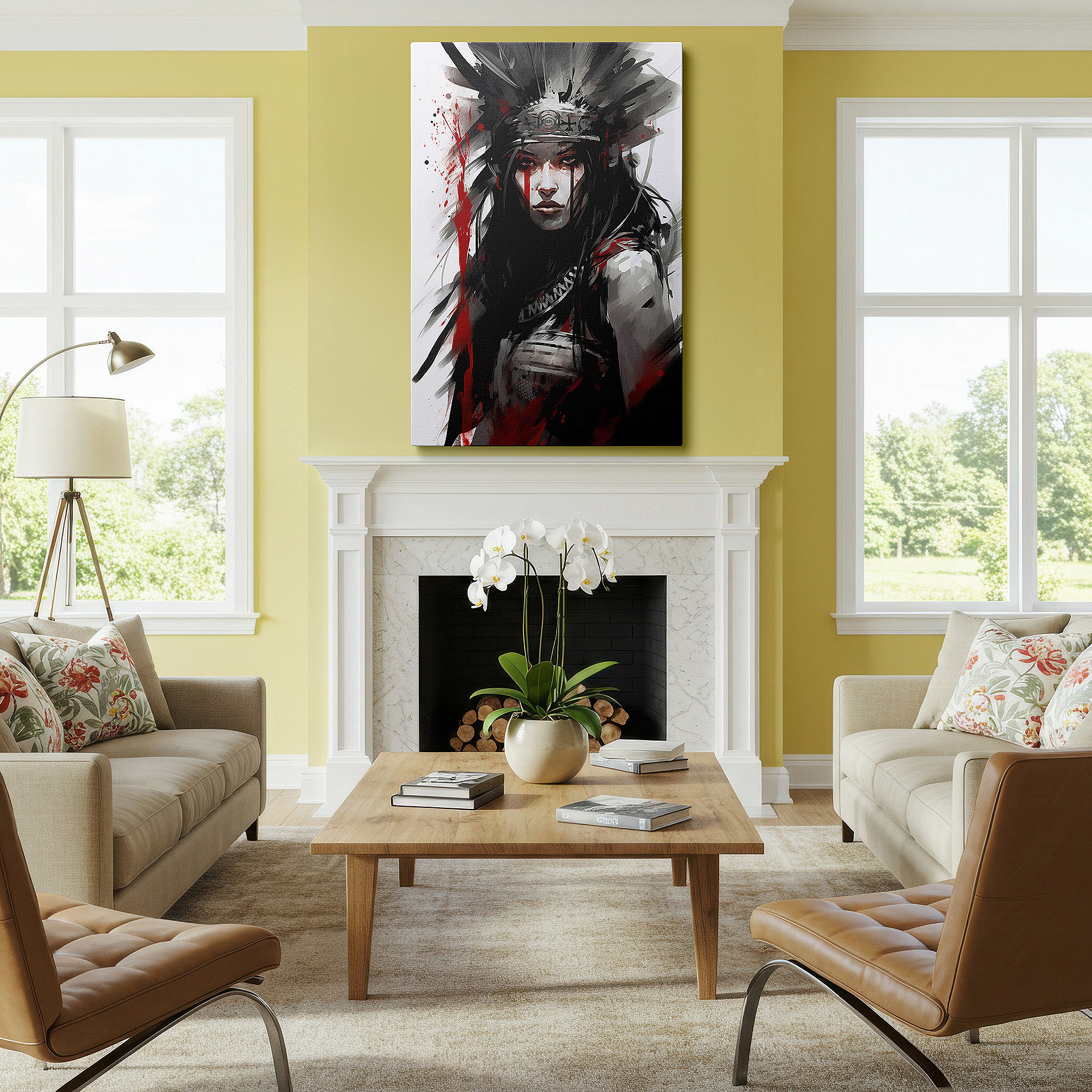 The 75×50 cm version anchors medium rooms without dominating them — wall decor: bold tribal warrior woman, celebrating cultural power and legacy, large canvas art for home and office