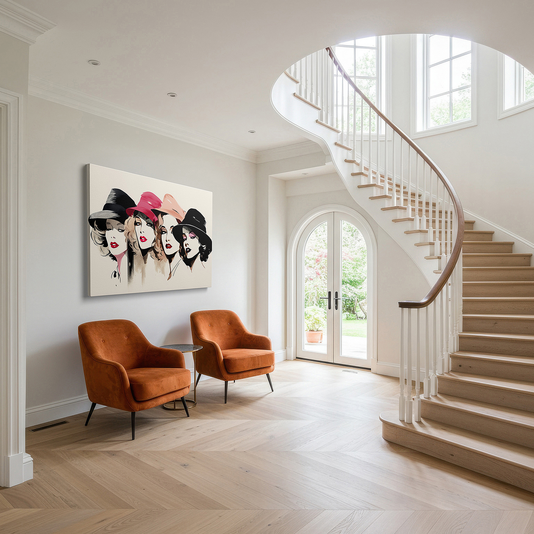 The 75×50 cm version anchors medium rooms without dominating them — wall decor: elegant early 20th century fashion with four women in unique hats - large canvas art for home and office
