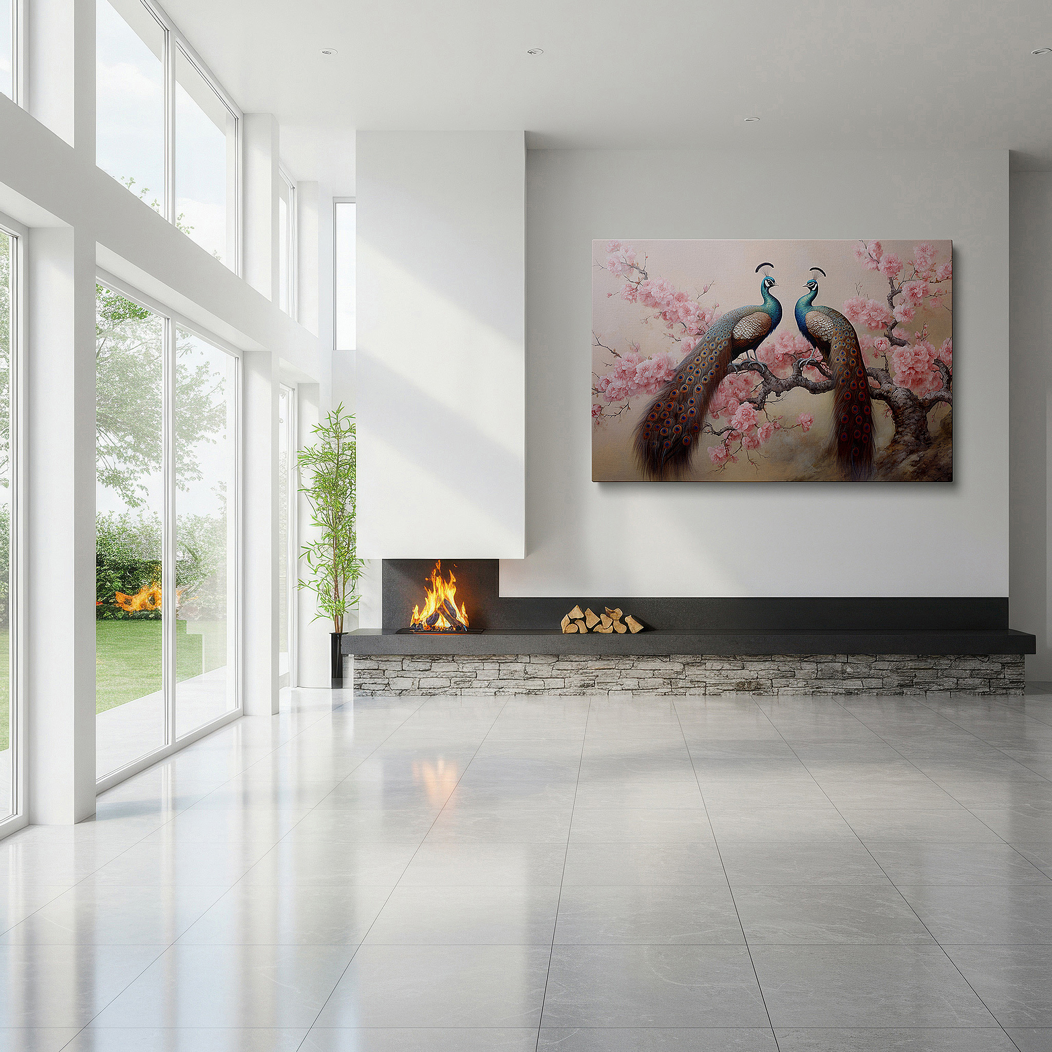 The 75×50 cm version anchors medium rooms without dominating them — wall decor: elegant peacocks and cherry blossoms, symbols of beauty and rebirth - large canvas art for home and office