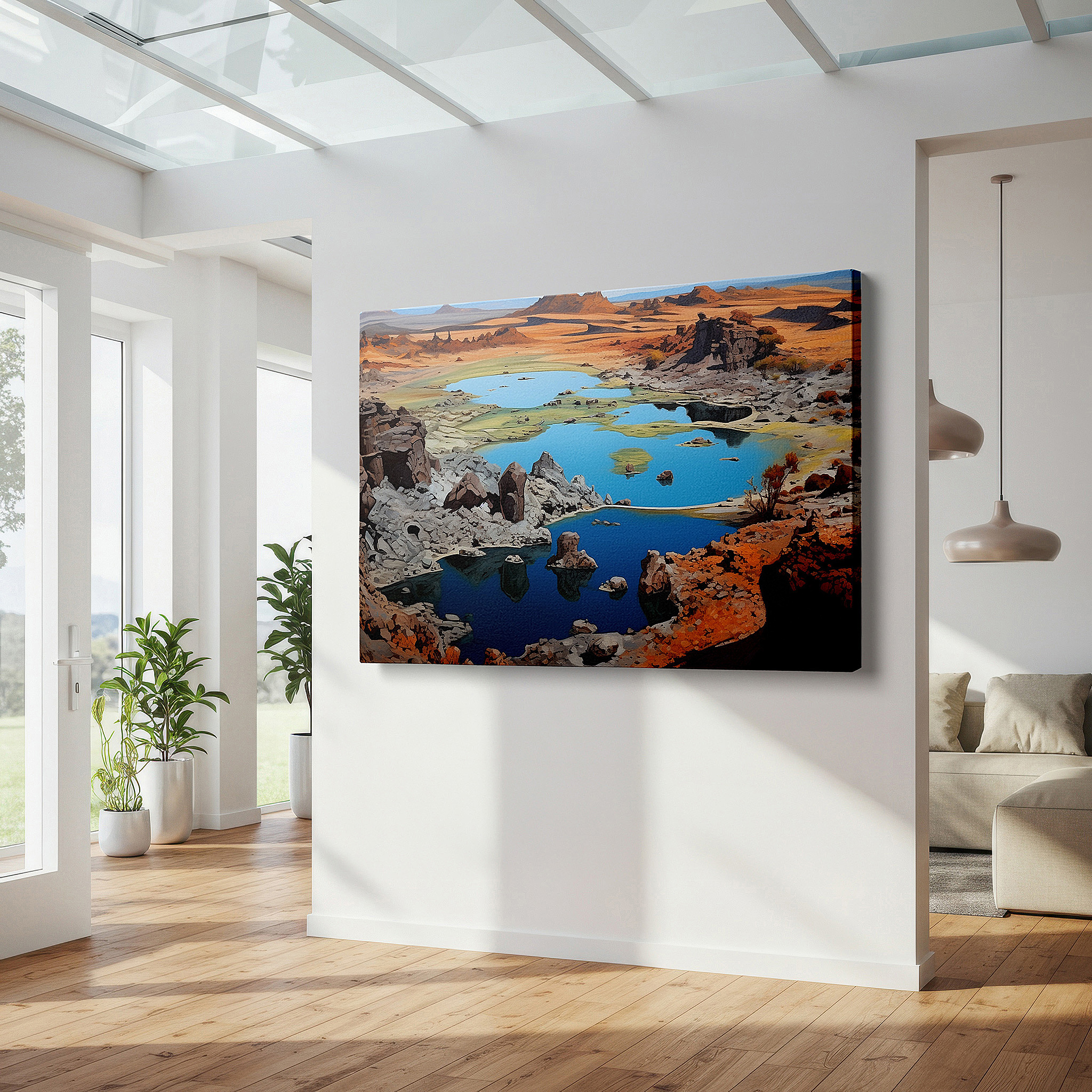 The 75×50 cm version anchors medium rooms without dominating them — wall decor: lush oasis in desert sands - exploring nature's tenacity and beauty 