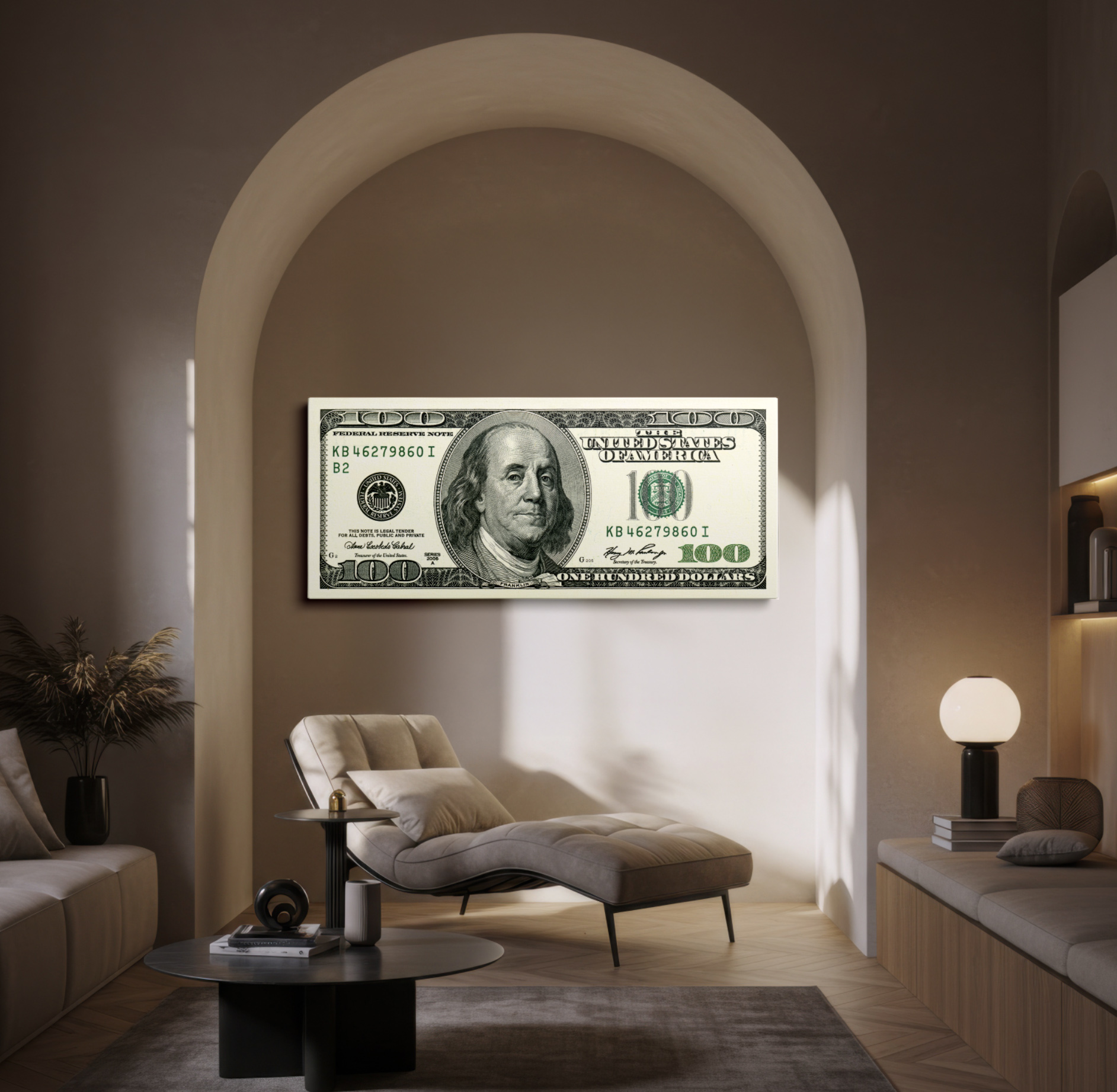 Hundred Dollar Canvas — Modern Money Wall Art on Wrapped Canvas (50x21 in / 127x53 cm)