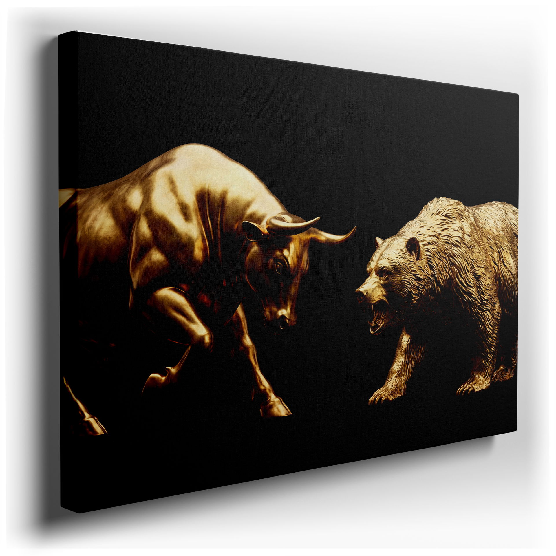 Dynamic golden bull and bear wall art, capturing the intense energy of the stock market, perfect wall decor for investors.