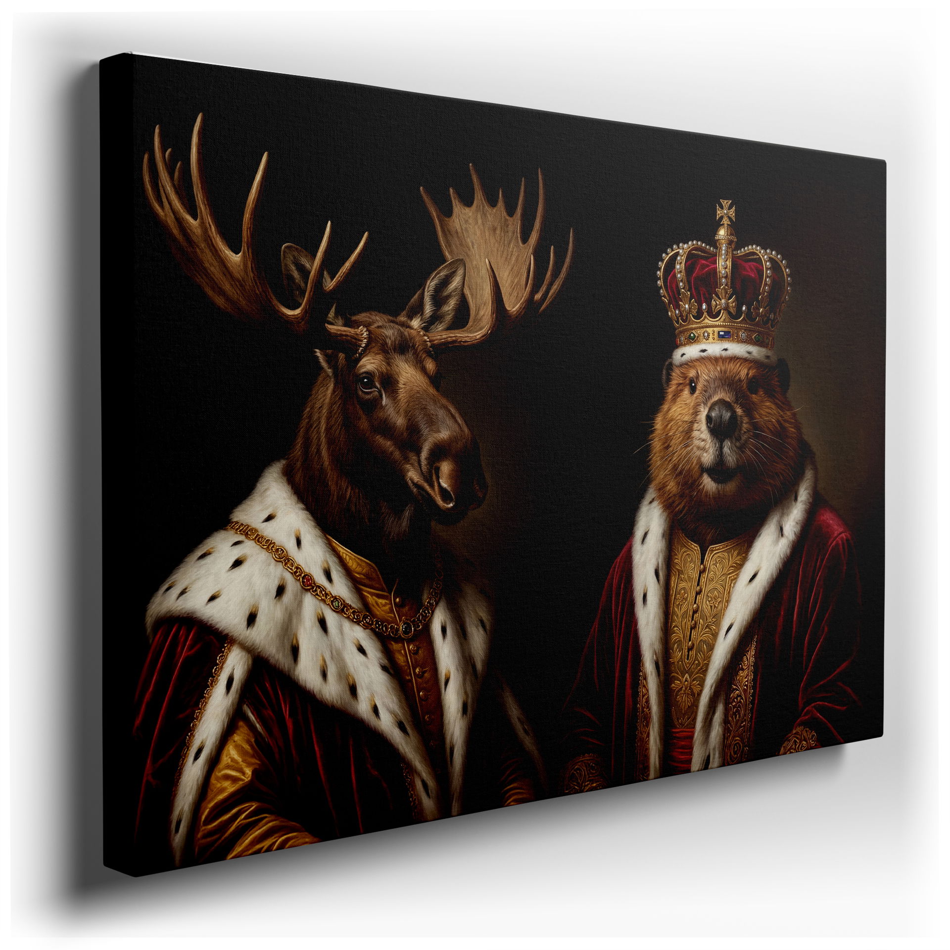 Majestic moose and crowned beaver portrait wall art showcasing detailed royal attire as unique wall decor