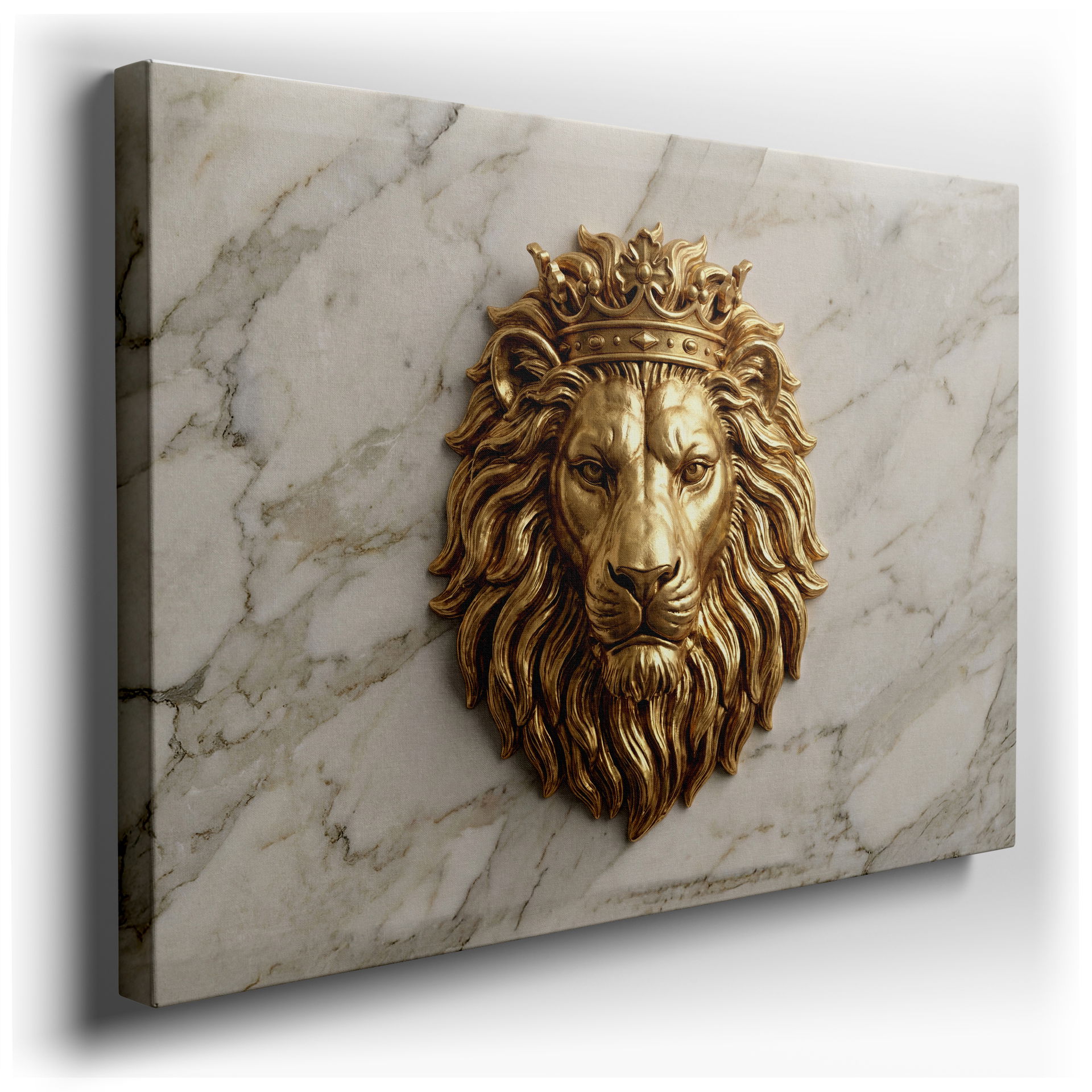 Golden lion king image featuring a regal lion wearing a crown, utilizing rich golden hues for luxurious wall decor