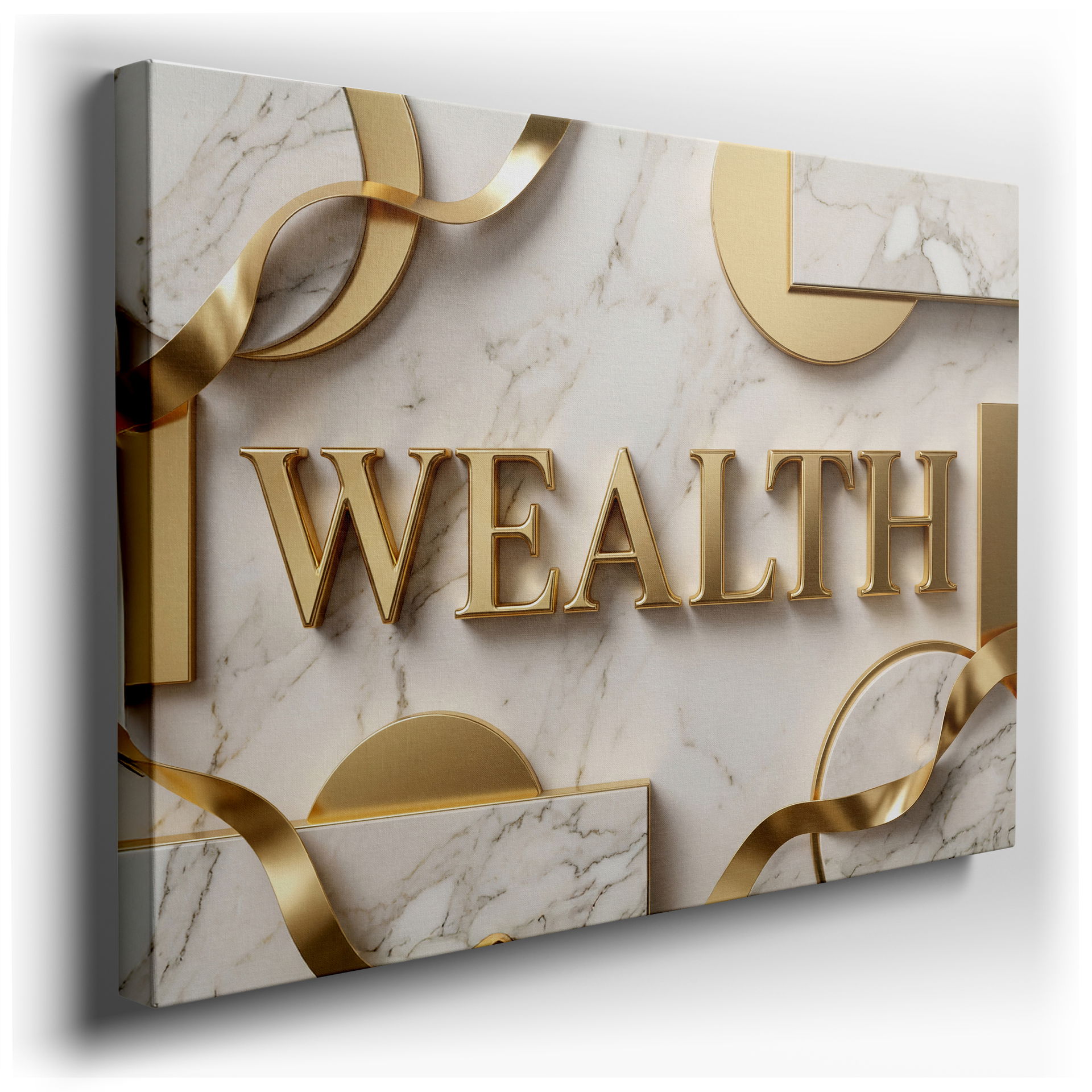 Golden 'Wealth' lettering against a luxurious marble background, a stunning canvas wall art for sophisticated wall decor.