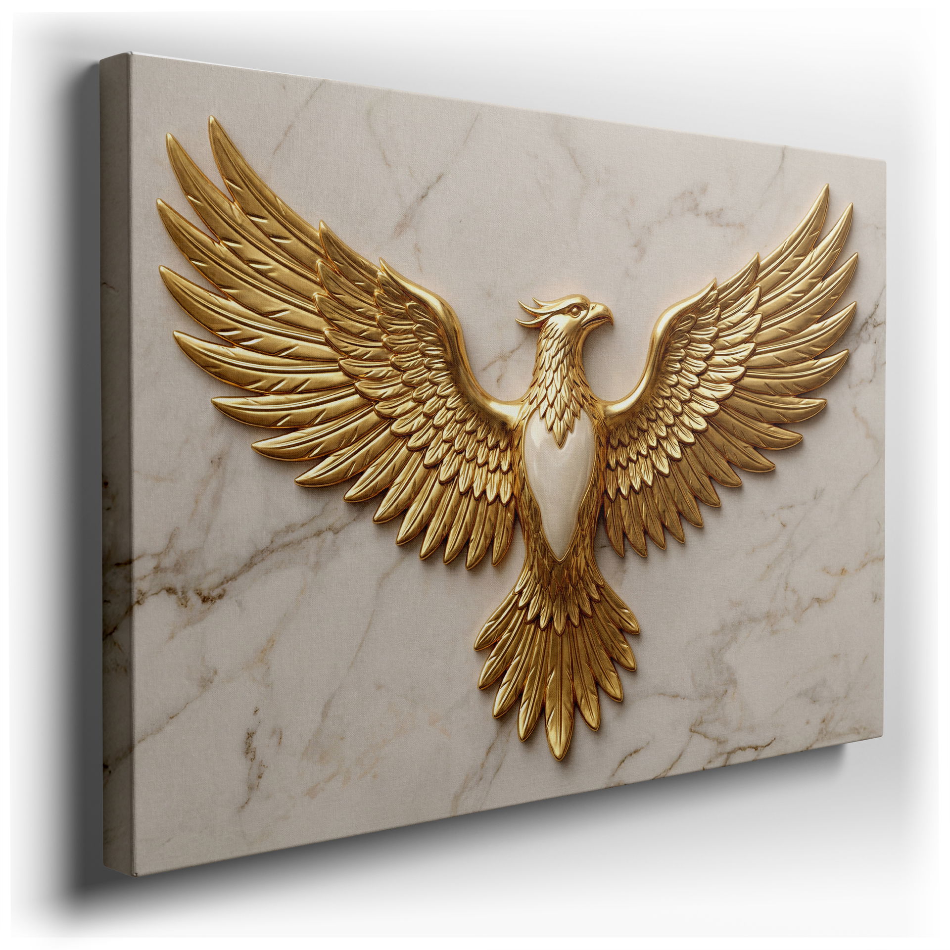 Detailed golden eagle rendered in radiant gold against a subtle marble backdrop wall art wall decor