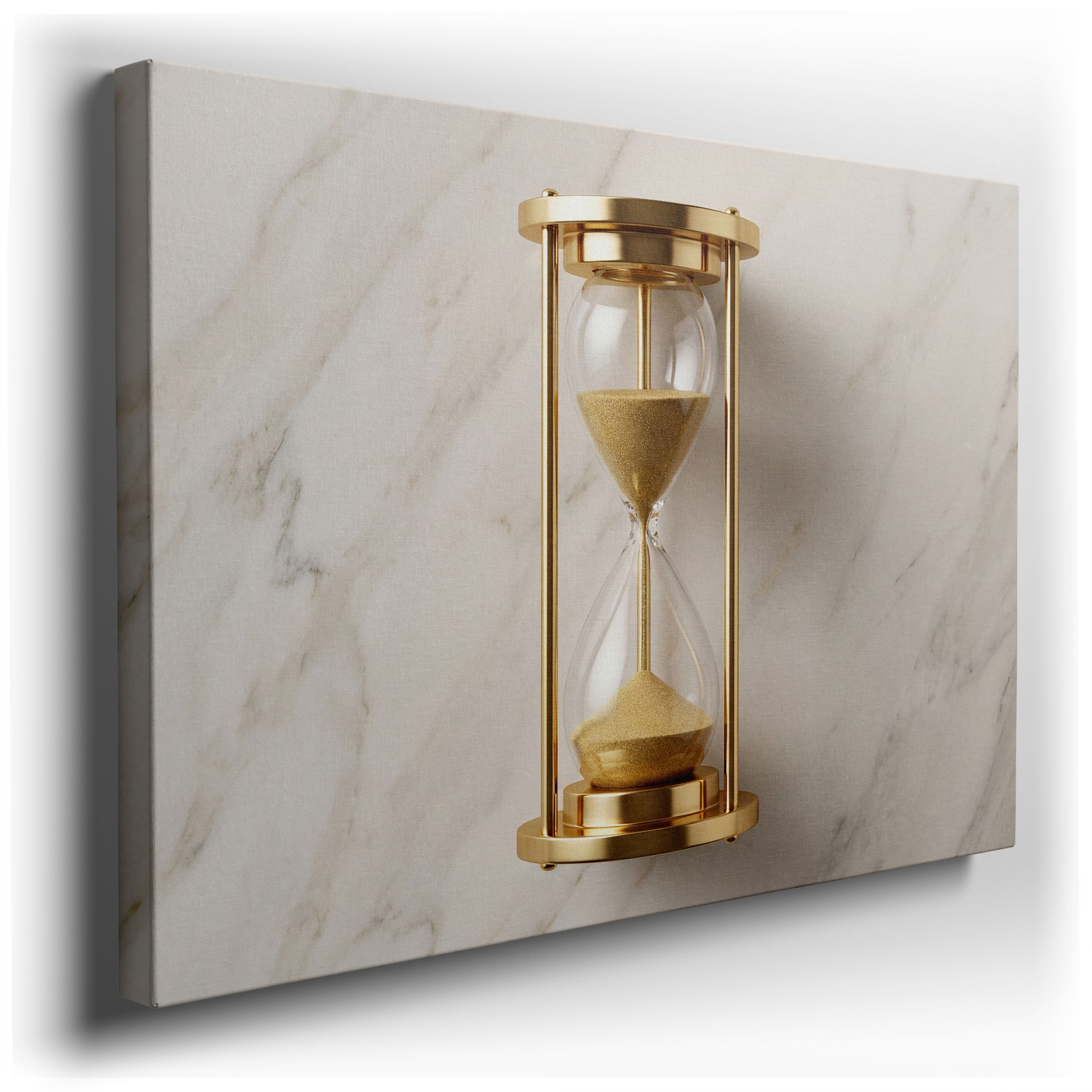 Elegant golden hourglass wall art featuring shimmering sand and a sleek frame on a sophisticated marble background, perfect for wall decor.