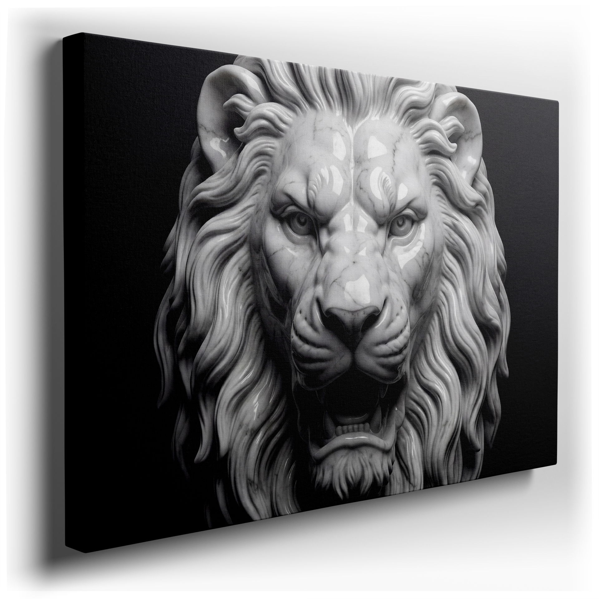Captivating marble lion sculpture rendered on a high-quality canvas print, serving as sophisticated wall decor
