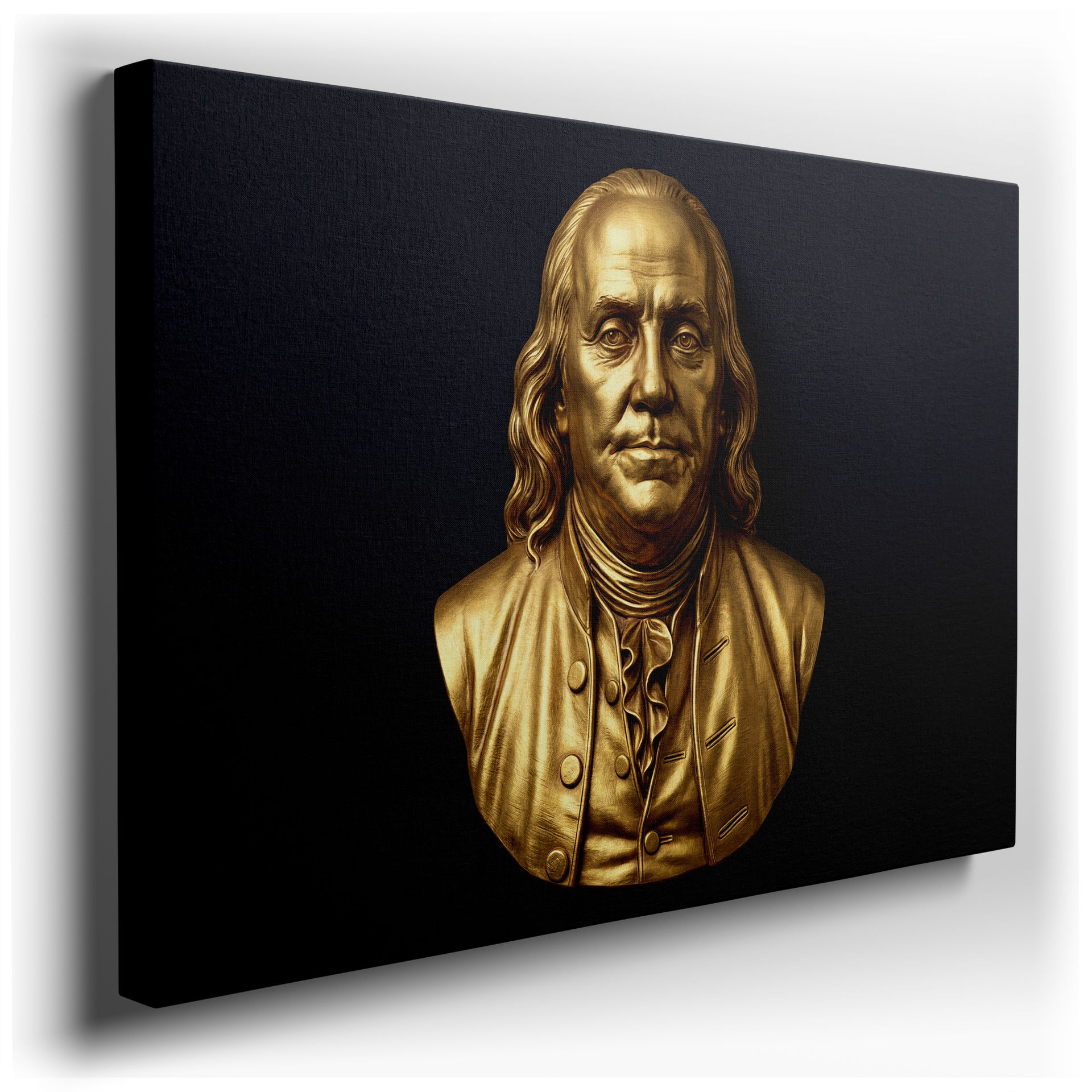 Golden Benjamin Franklin bust canvas wall art providing historical elegance against a dark background for stylish wall decor