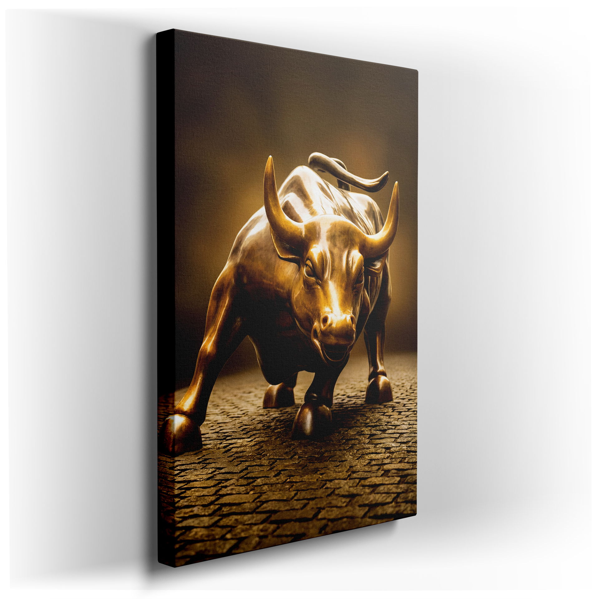 Detailed bronze Charging Bull statue depicted in a powerful canvas wall art piece for modern wall decor.