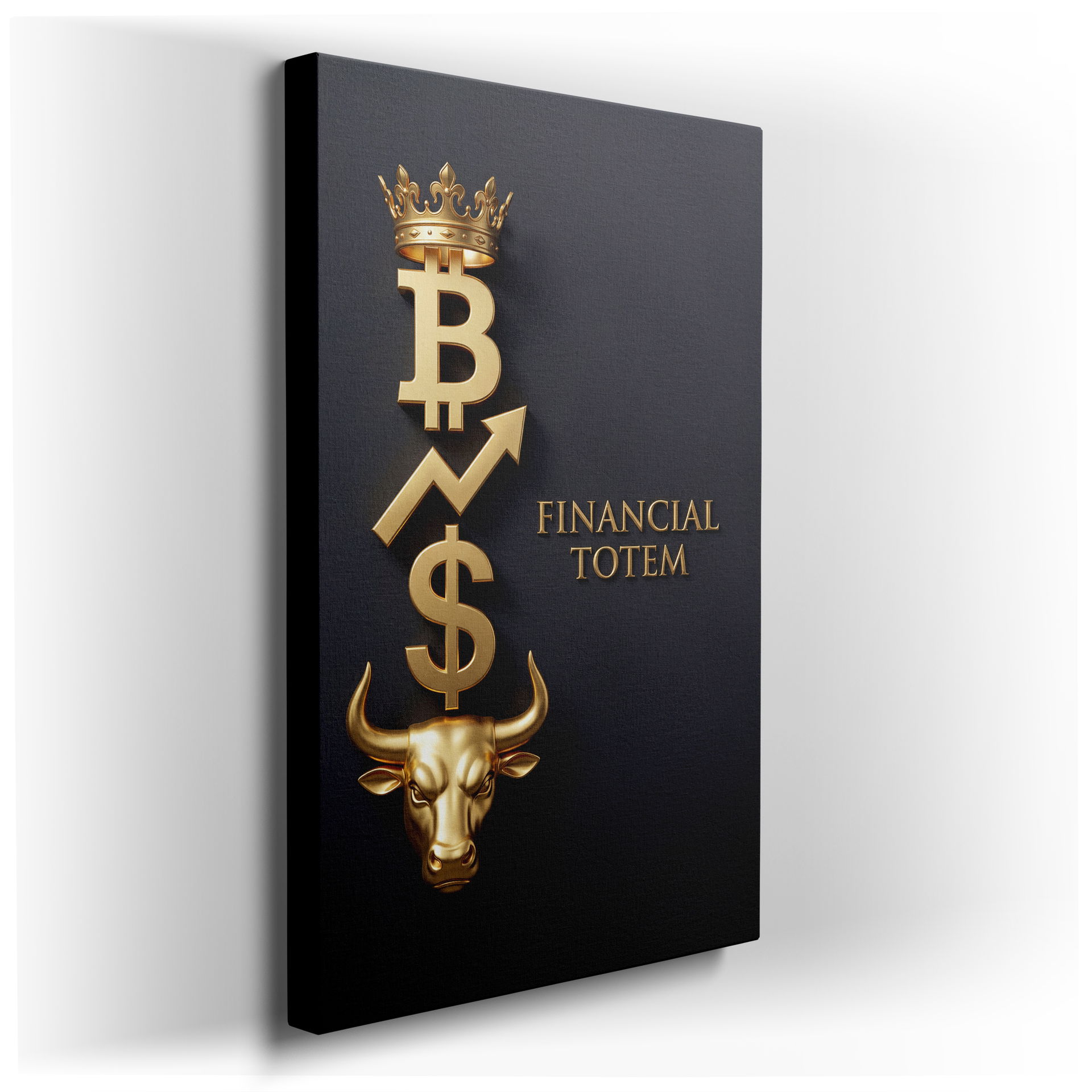 Financial Totem wall art featuring a golden crowned Bitcoin symbol and a majestic bull's head wall decor.