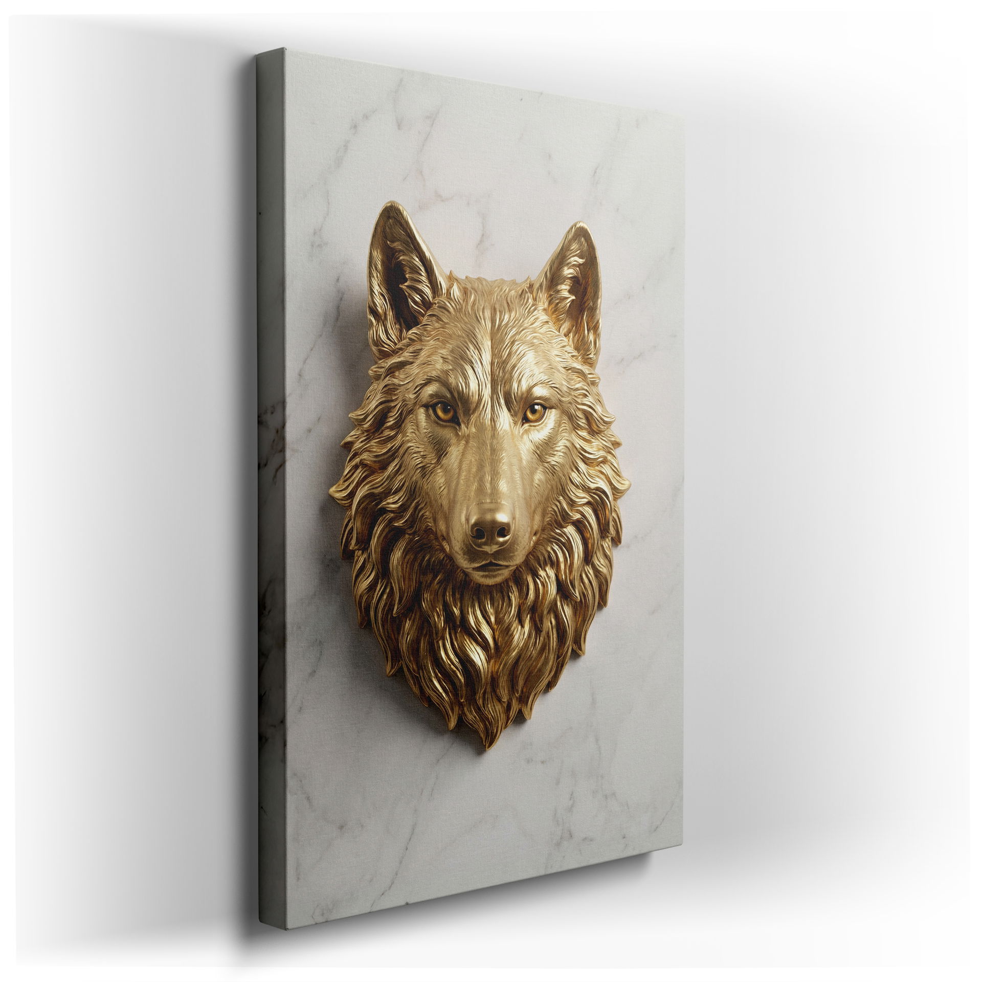Meticulously crafted golden wolf head with intricate details displayed as sophisticated animal wall art
