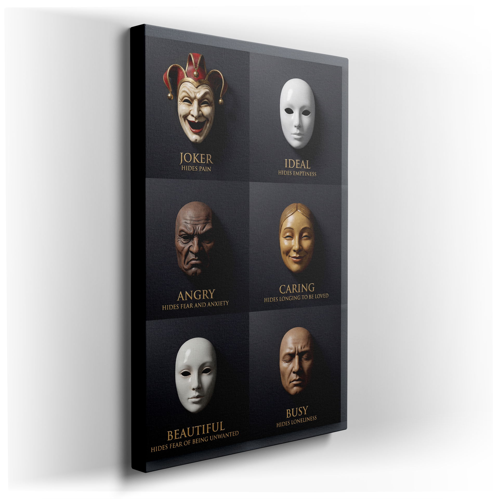 Detailed view of "The Masks We Wear" canvas wall art featuring six distinct emotional masks, perfect wall decor for introspection.