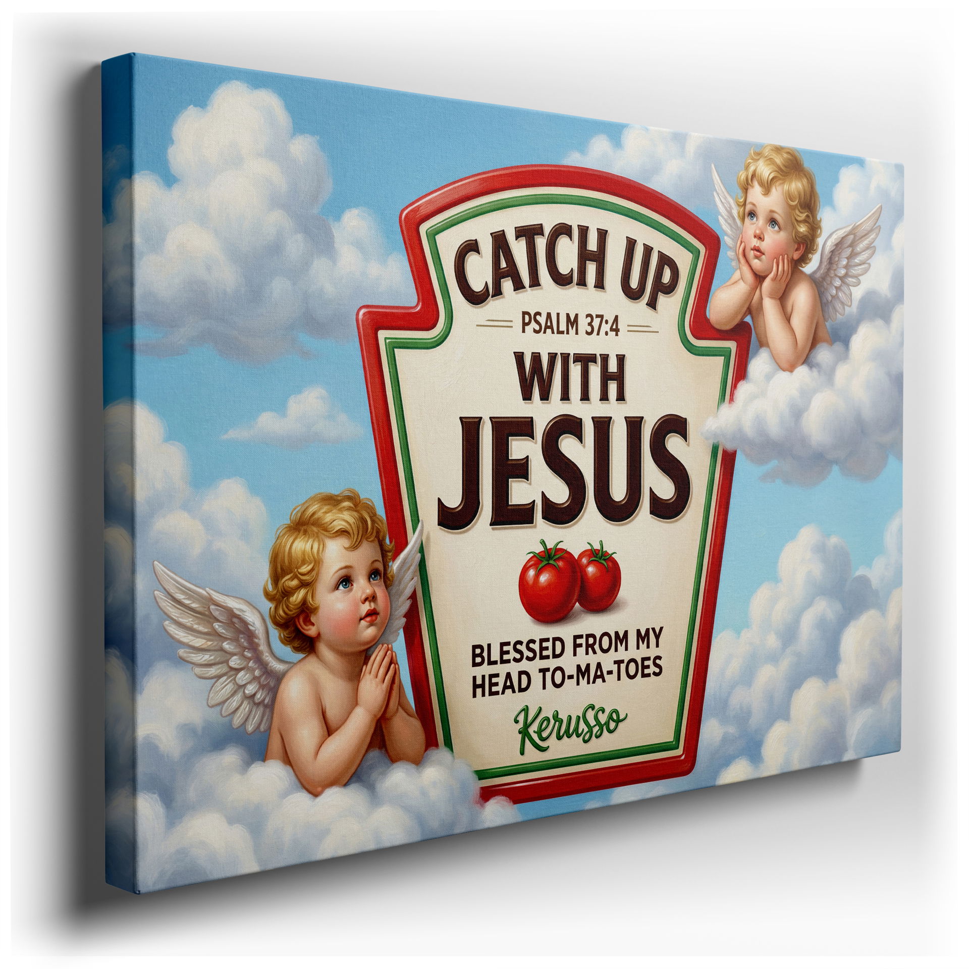 Charming religious wall art featuring "Catch Up With Jesus" text and cherubic angels floating on clouds for wall decor.