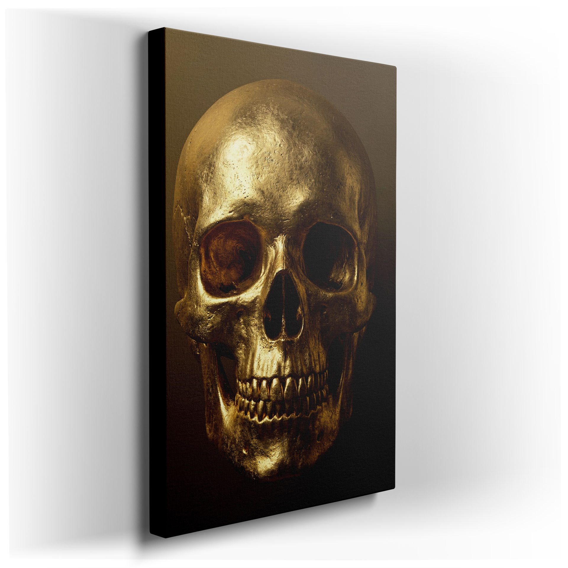 Detailed photorealistic golden skull canvas wall art adding edgy sophistication and visual depth as unique wall decor
