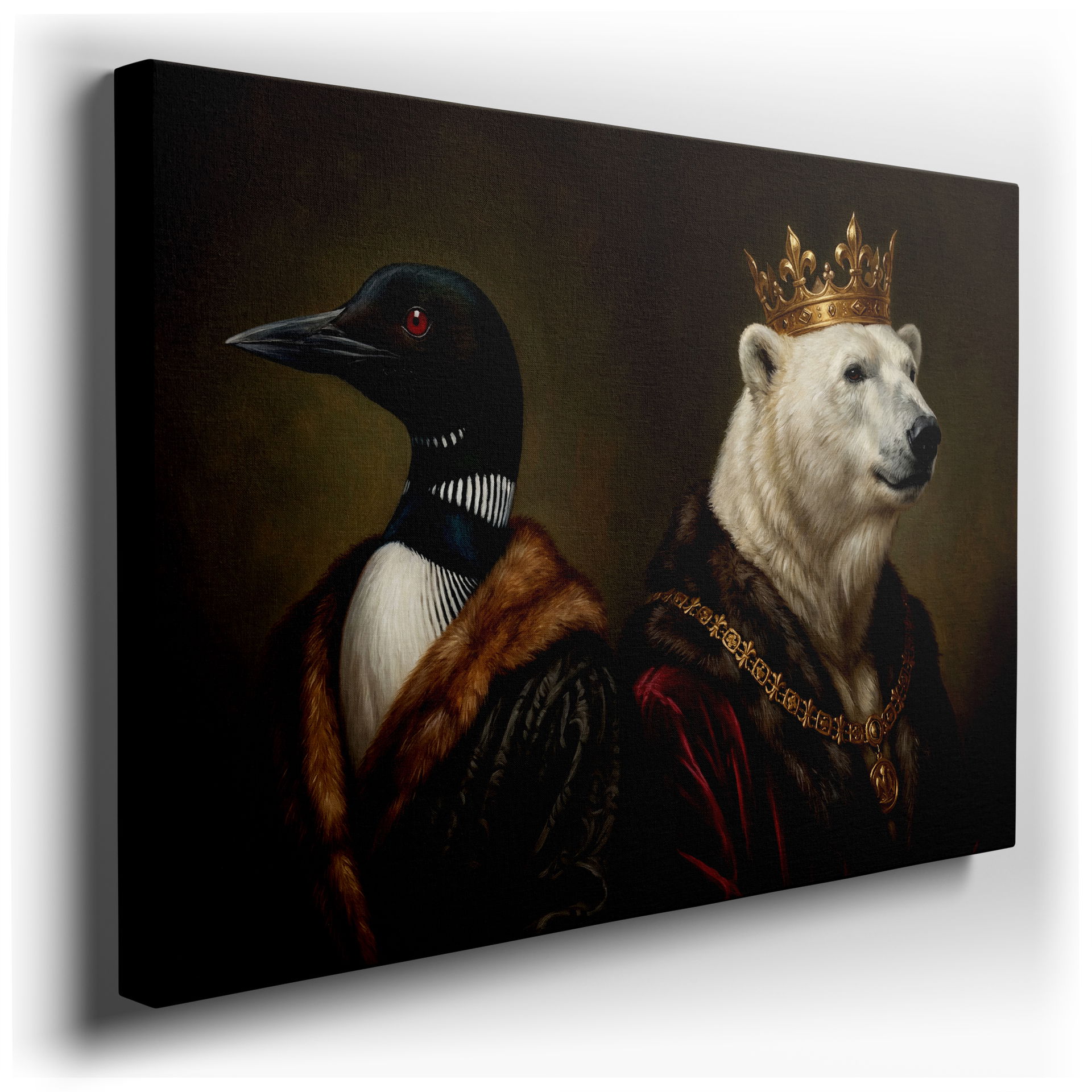 Captivating wall art featuring a majestic loon and crowned polar bear in regal attire, perfect for elegant wall decor.