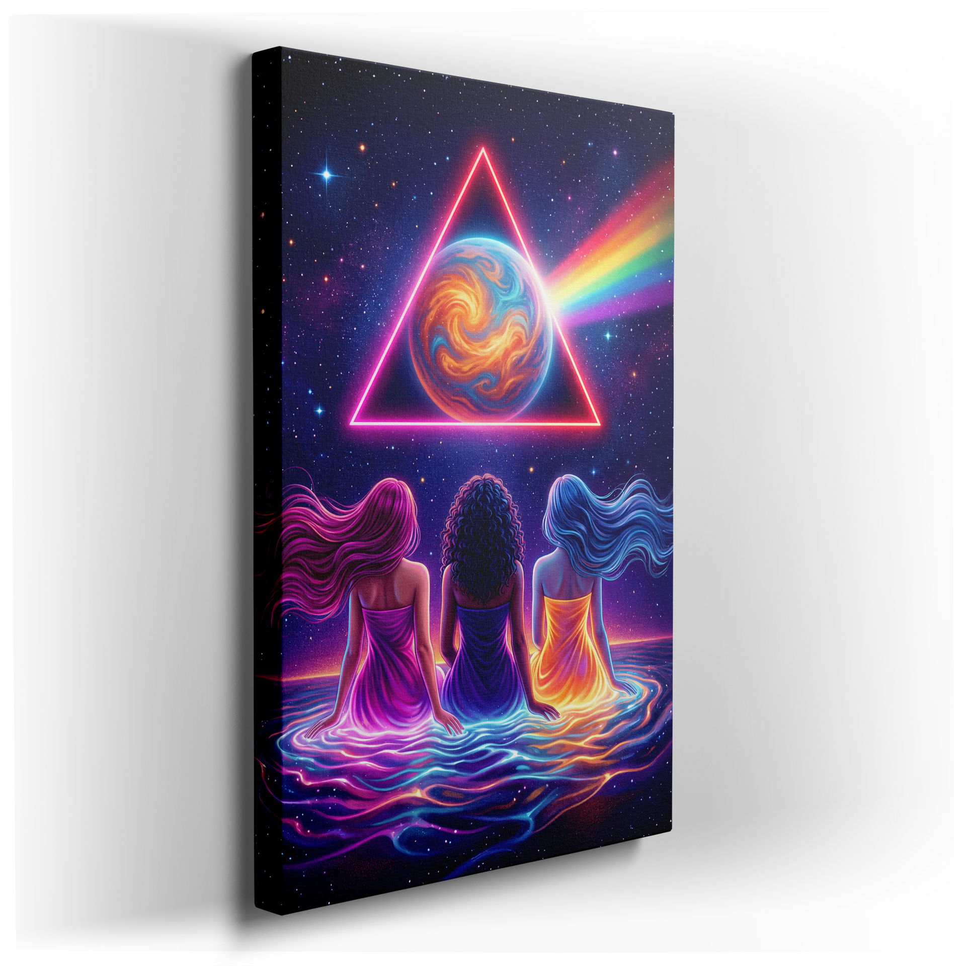 Celestial Sisters fantasy wall art showing three ethereal figures gazing at a vibrant cosmic scene, ideal wall decor