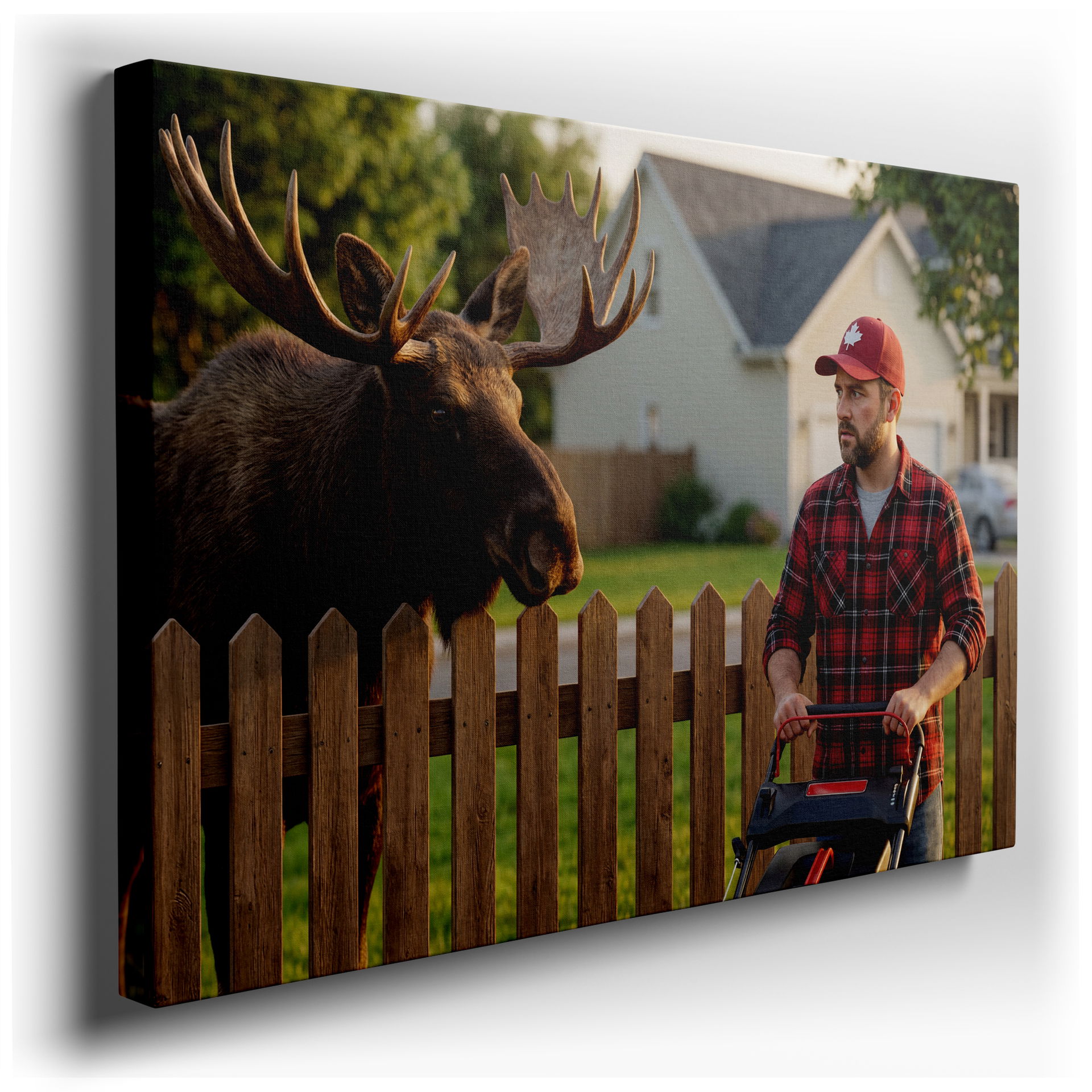 Humorous moose encounter wall art featuring a surprised man with a lawnmower facing the majestic animal wall decor.