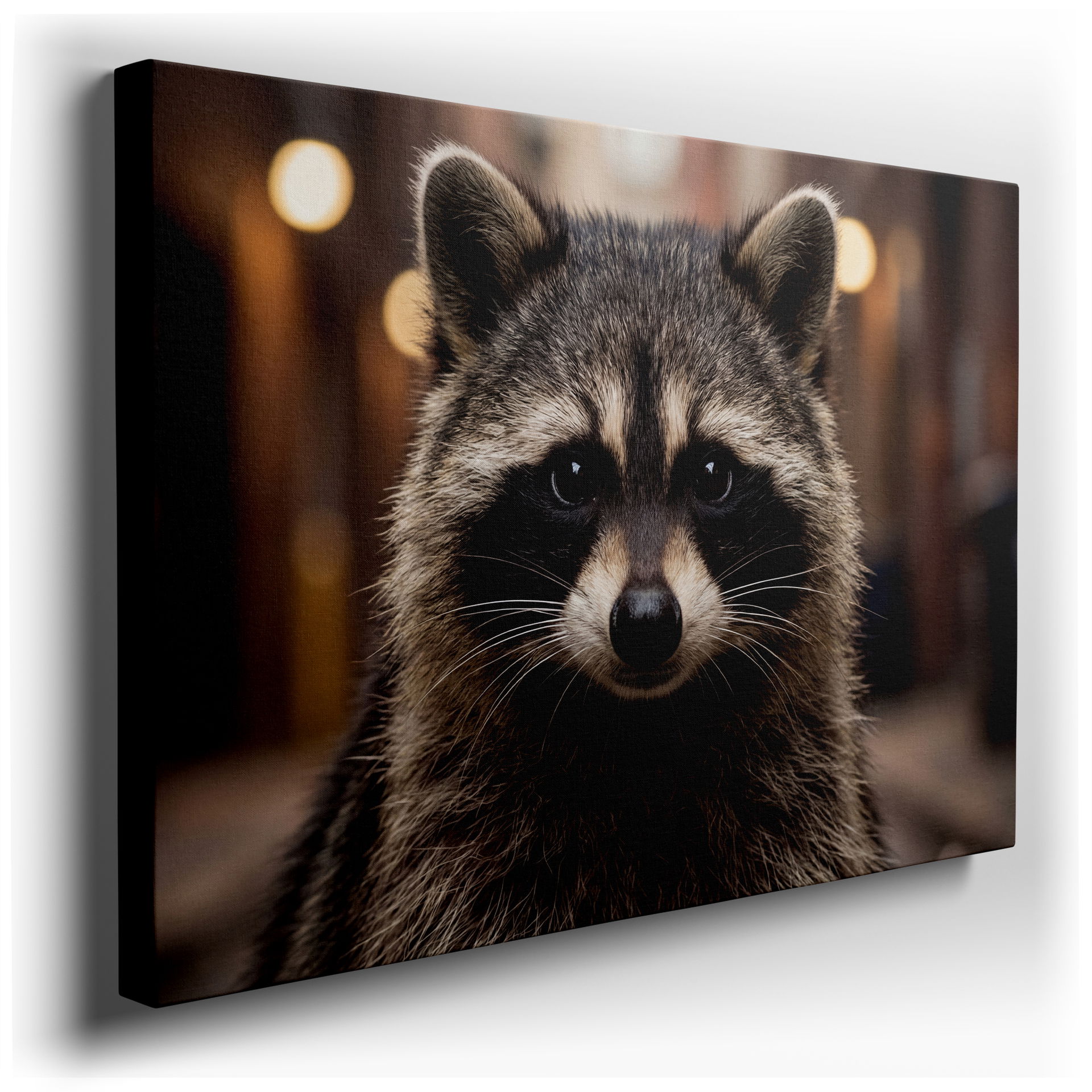 Close-up portrait of a curious raccoon with detailed fur and masked face on canvas wall art, perfect wall decor