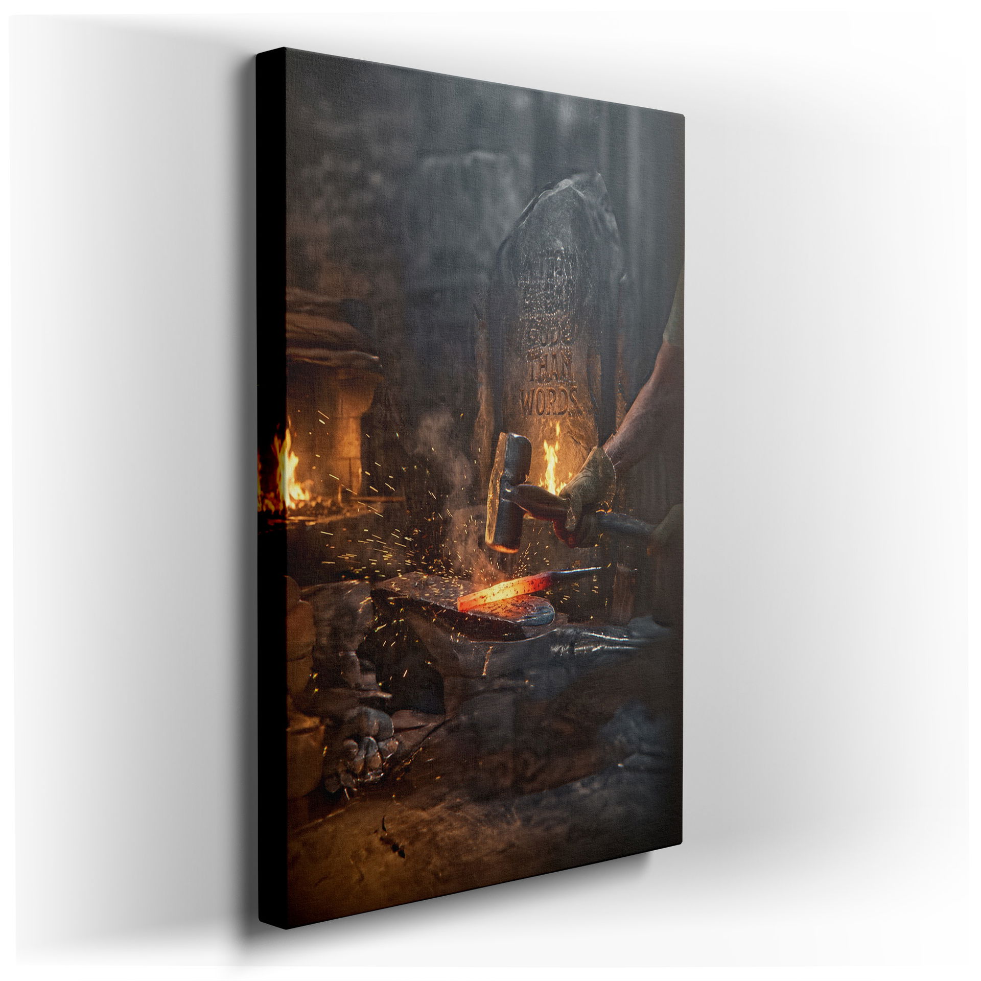Close-up view of a blacksmith shaping hot metal on an anvil with a hammer; dynamic sparks highlight this wall art.