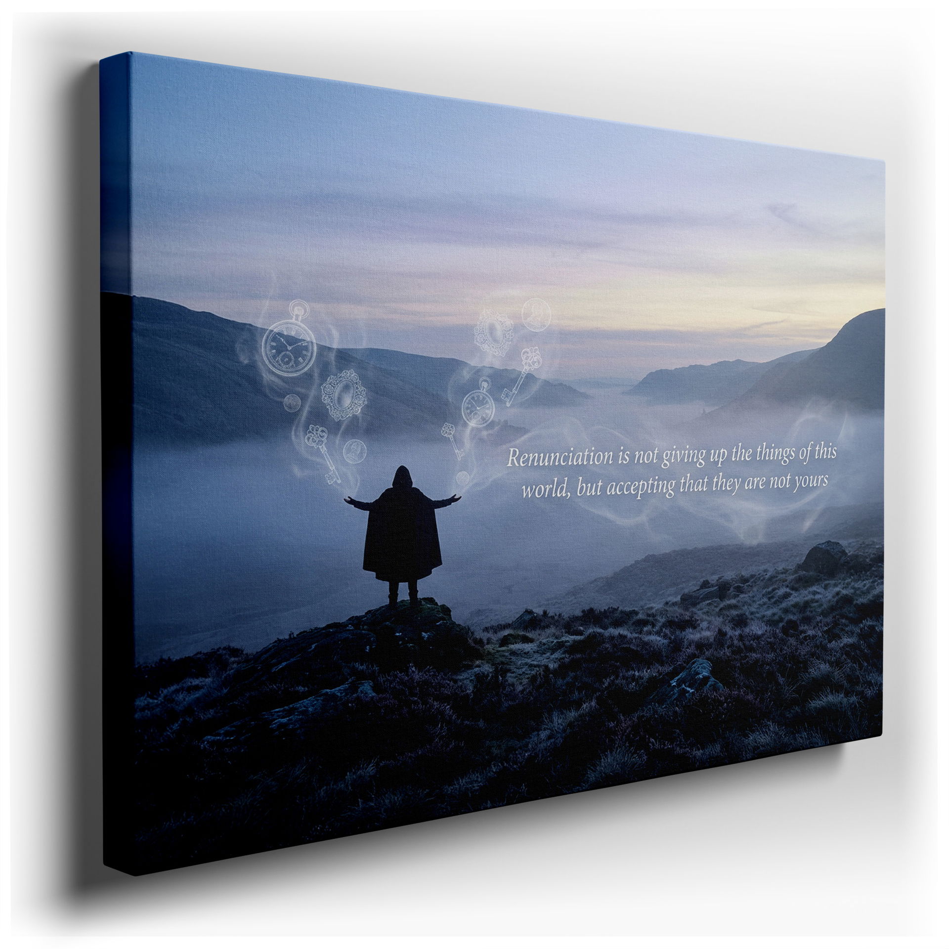 A figure in a cape stands amid a misty mountain range with magical symbols. This is a beautiful wrapped canvas wall art.