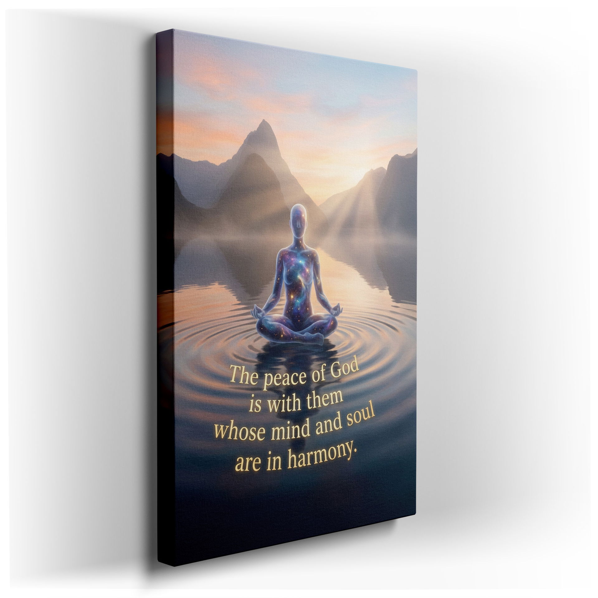 A tranquil figure is meditating on water, a perfect Wrapped Canvas for promoting peace at home.