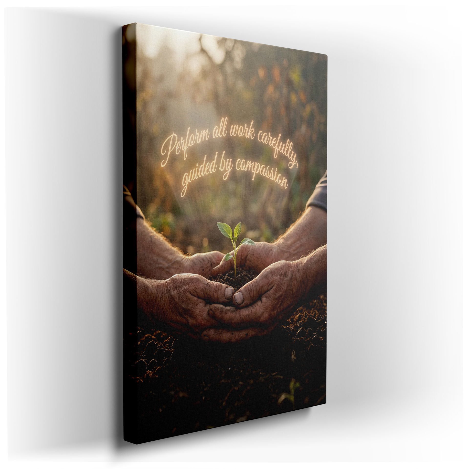 Close-up of weathered hands gently planting a seedling, embodying compassion, perfect wall art for home decor.