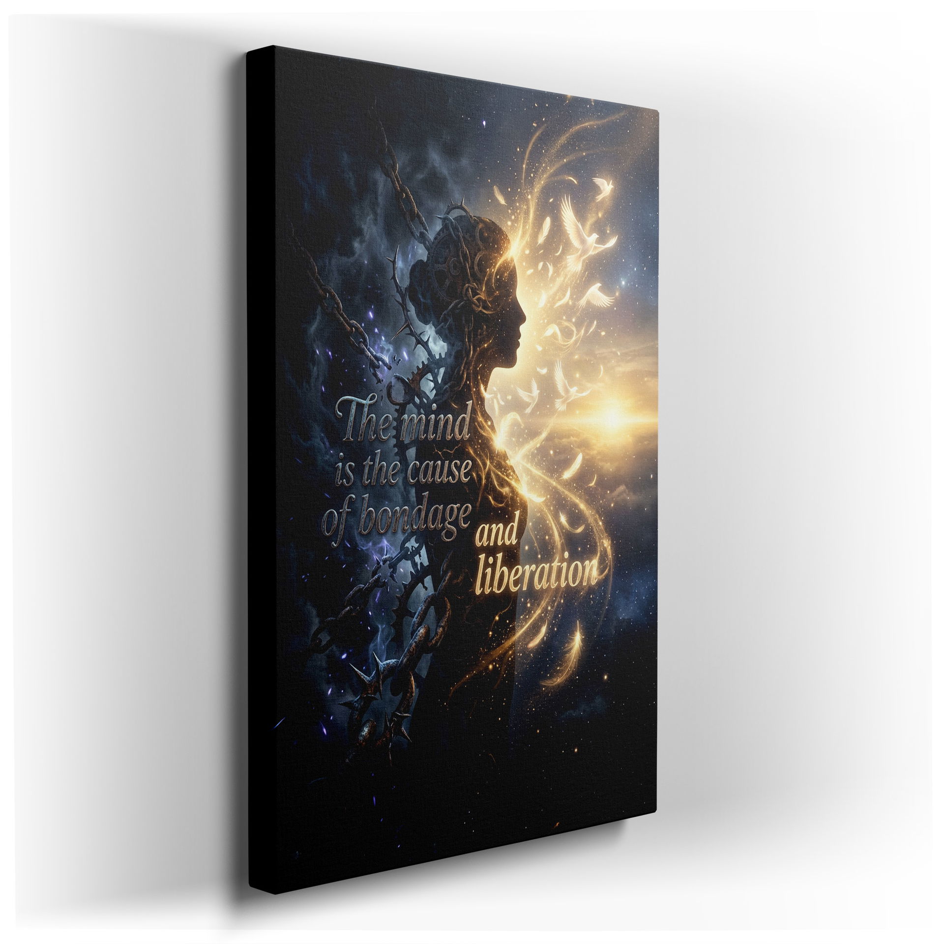 Conceptual wall art showing a silhouette with chains & light. 'The mind is the cause of bondage and liberation' on wall decor.