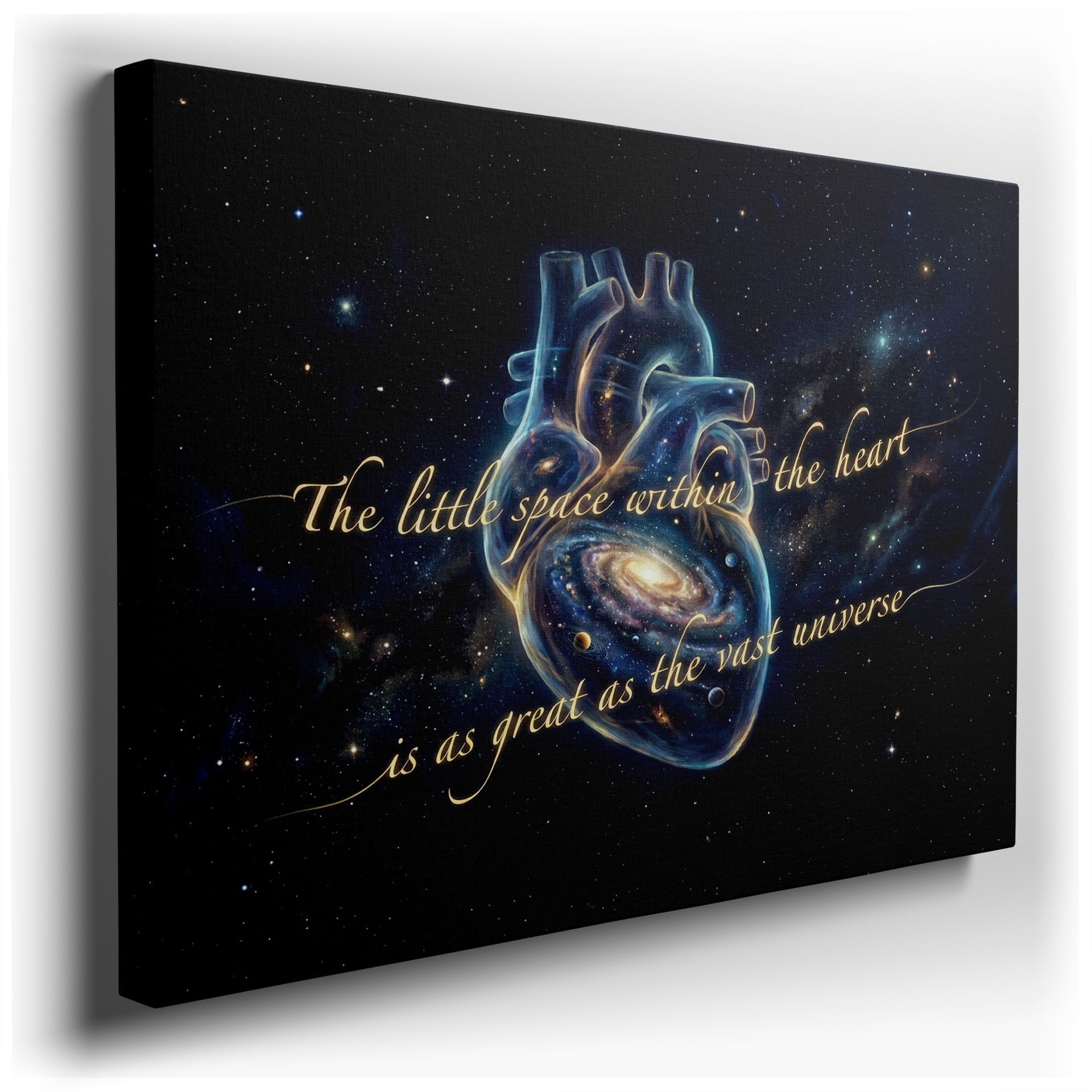 A detailed wall art featuring a heart filled with a swirling galaxy against a starry night sky.
