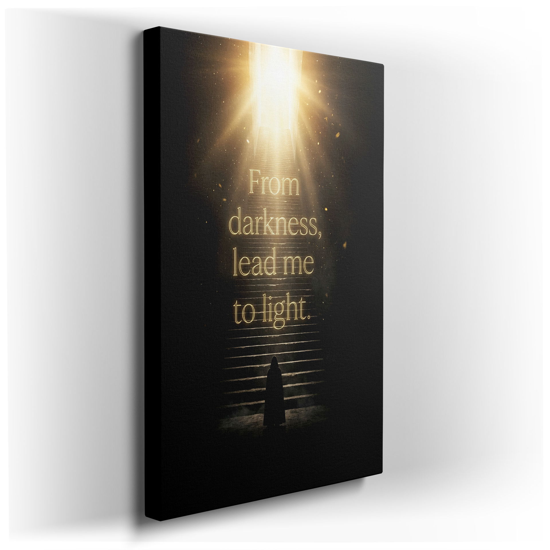 Figure ascends stairs toward light in this inspirational wall art titled 'From Darkness, Lead Me To Light.'