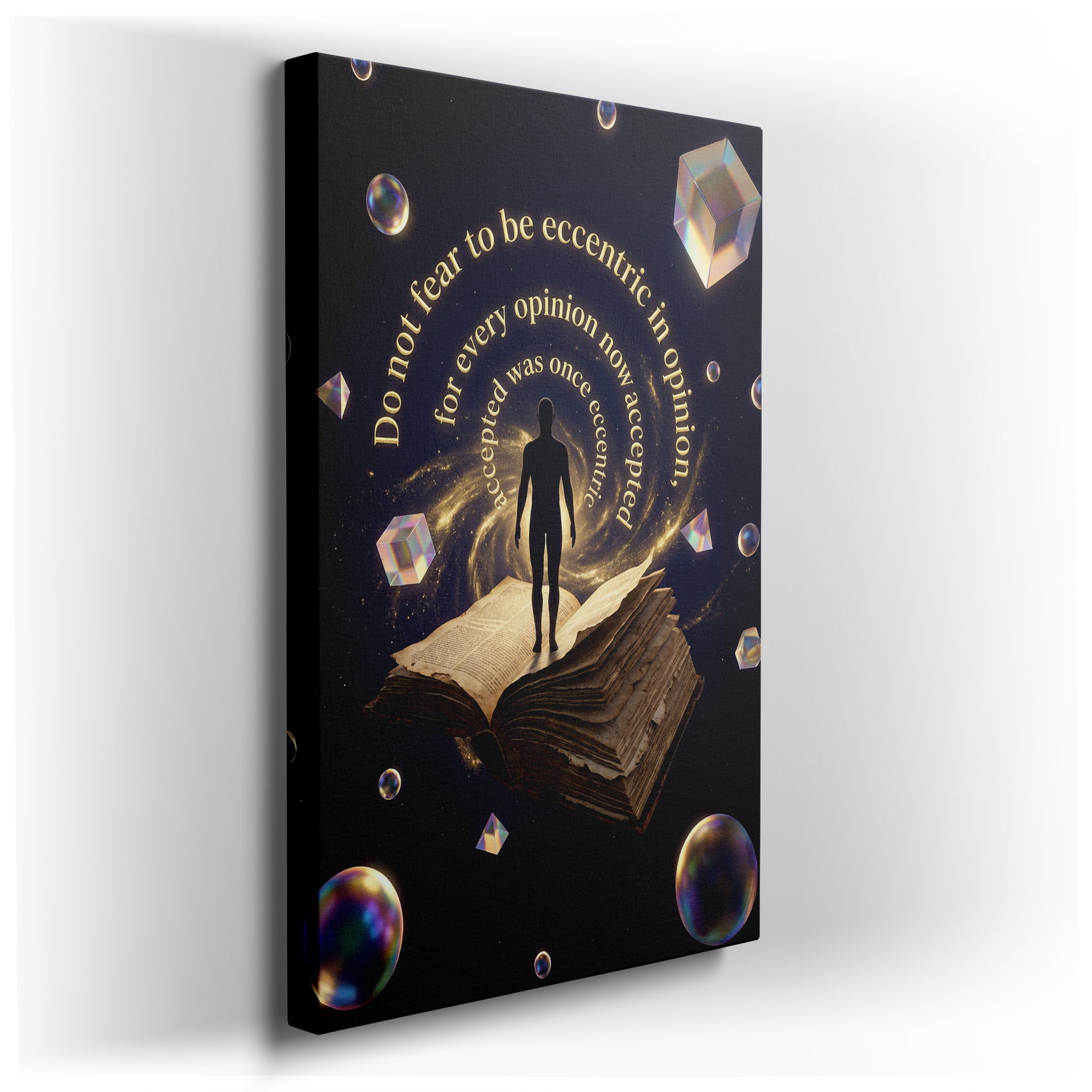A silhouette atop a book, amidst cosmic art; a wrapped canvas encourages unique perspectives as striking wall art.