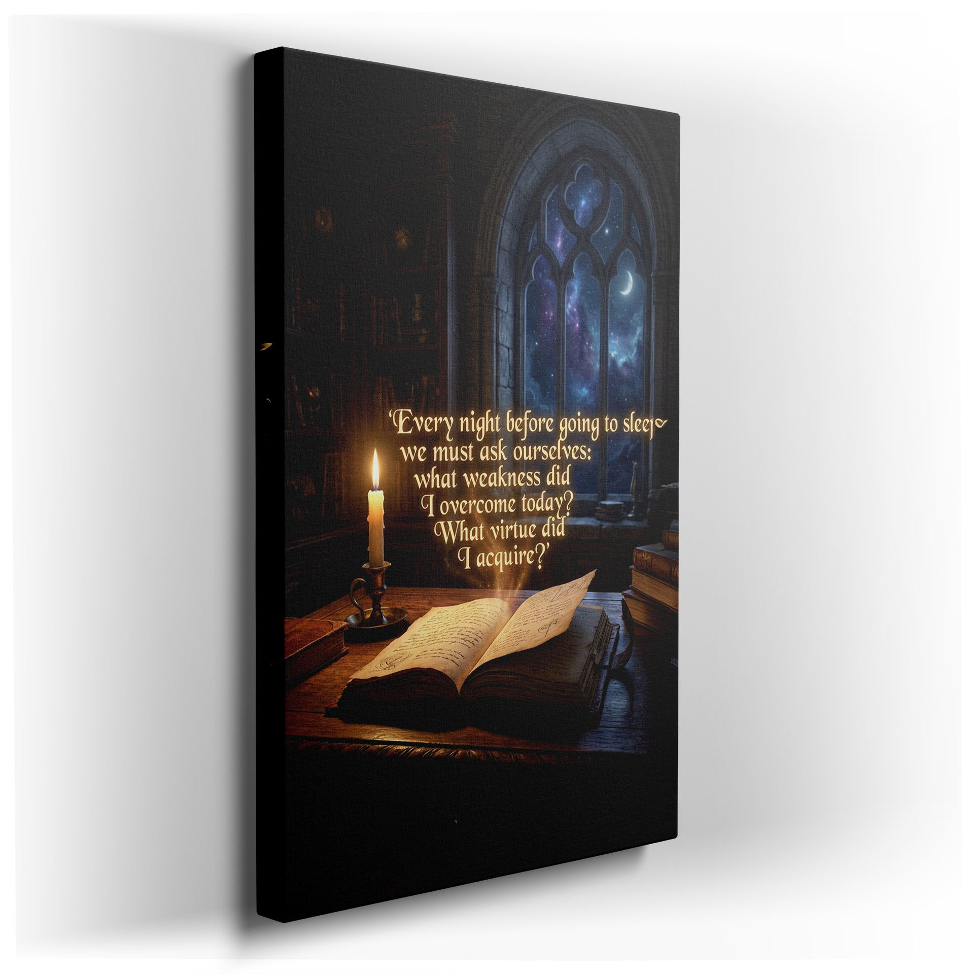 Literary-themed wall art featuring an open book and candle, set against a starry night. Perfect wall art for adding gothic charm.
