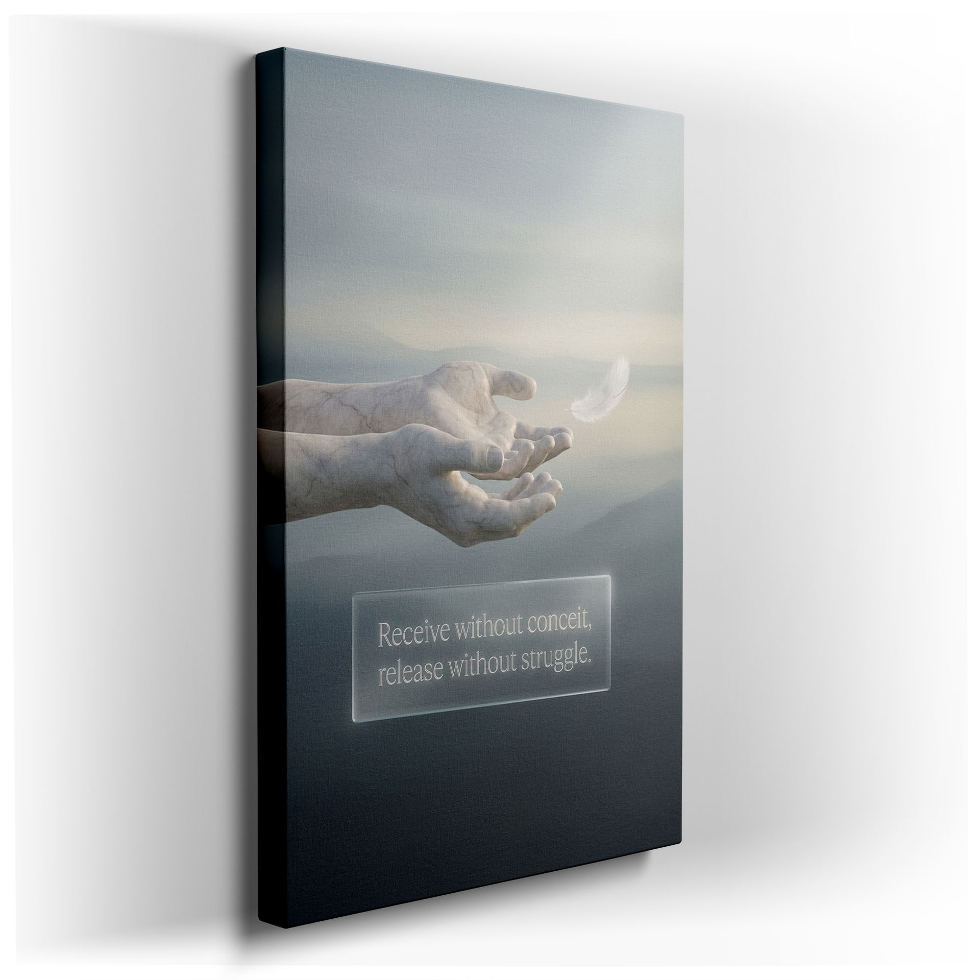 Marble hands delicately release a white feather, symbolizing 'Receive without conceit, release without struggle' - a peaceful wall art.