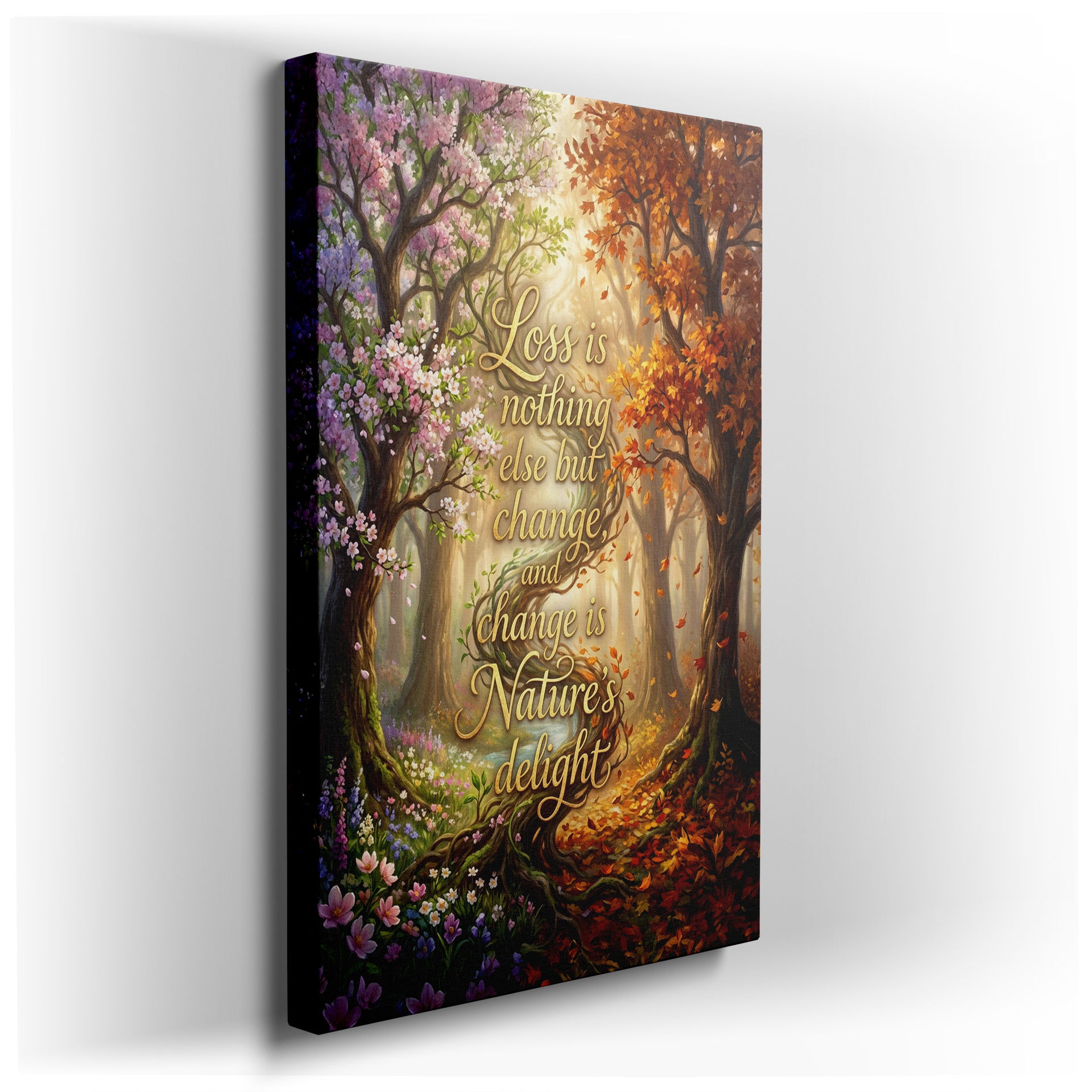 Wall art depicting spring and autumn trees intertwined, showcasing nature's seasonal changes.