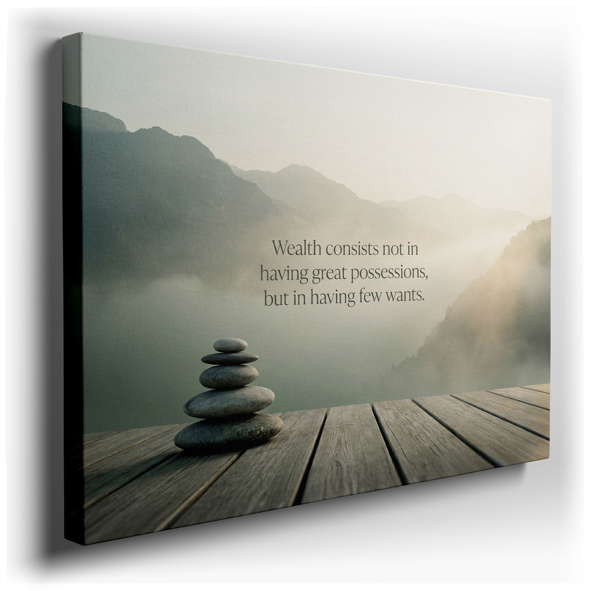 Misty mountain wall art showcasing zen stones with an inspirational quote. Balanced composition for mindful wall decor.
