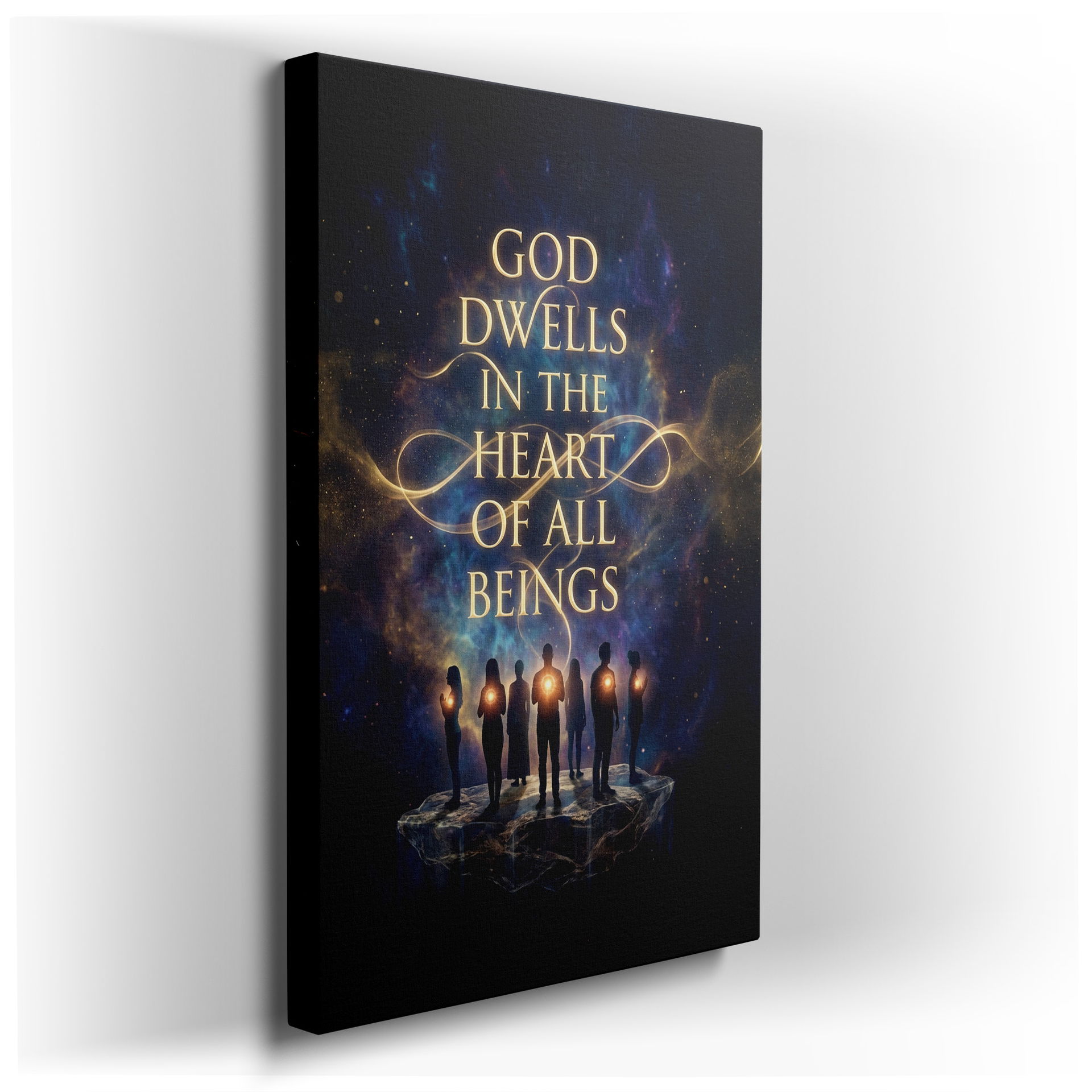 Inspirational wall art featuring the text 'God Dwells in the Heart' with figures emitting light, set against a cosmic backdrop.
