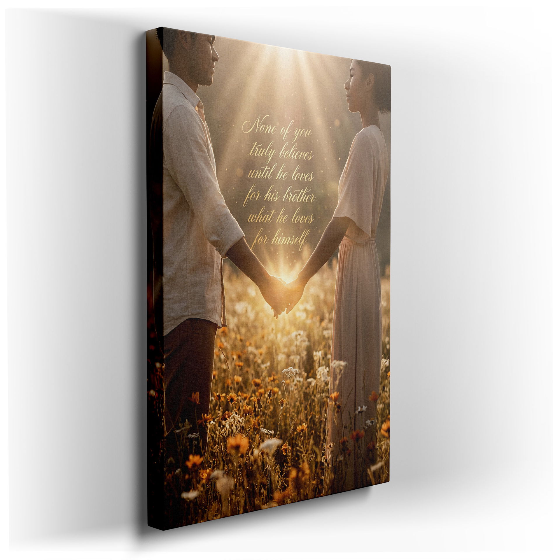 Wall decor showing a couple holding hands in a golden field, symbolizing love and unity.