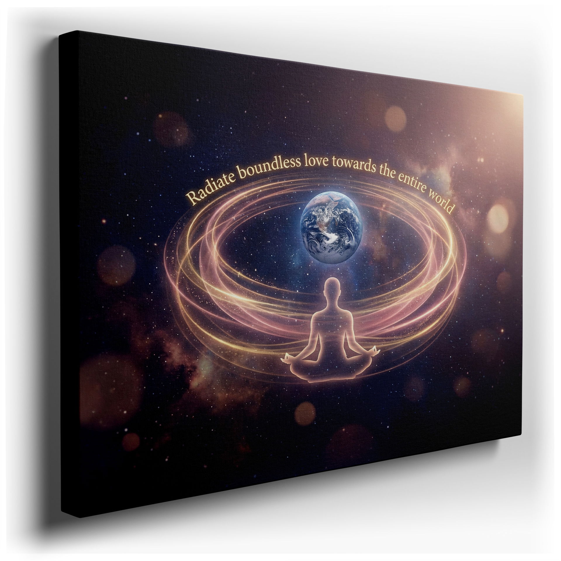 An ethereal wall art piece showing a meditating figure radiating energy towards planet Earth, set against a cosmic backdrop.