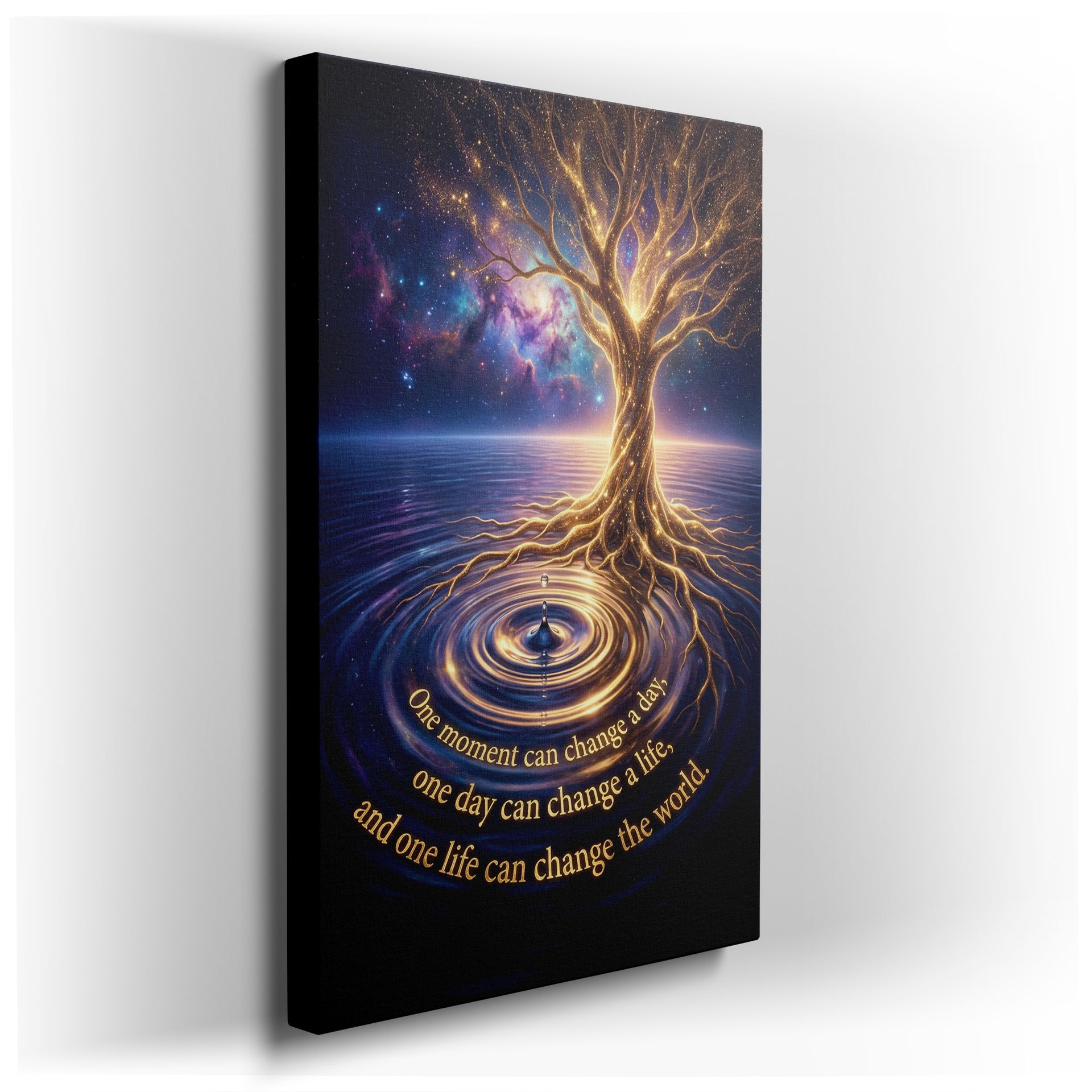 A golden, glowing tree of life against a cosmic sky. Beautiful wall art for any room.