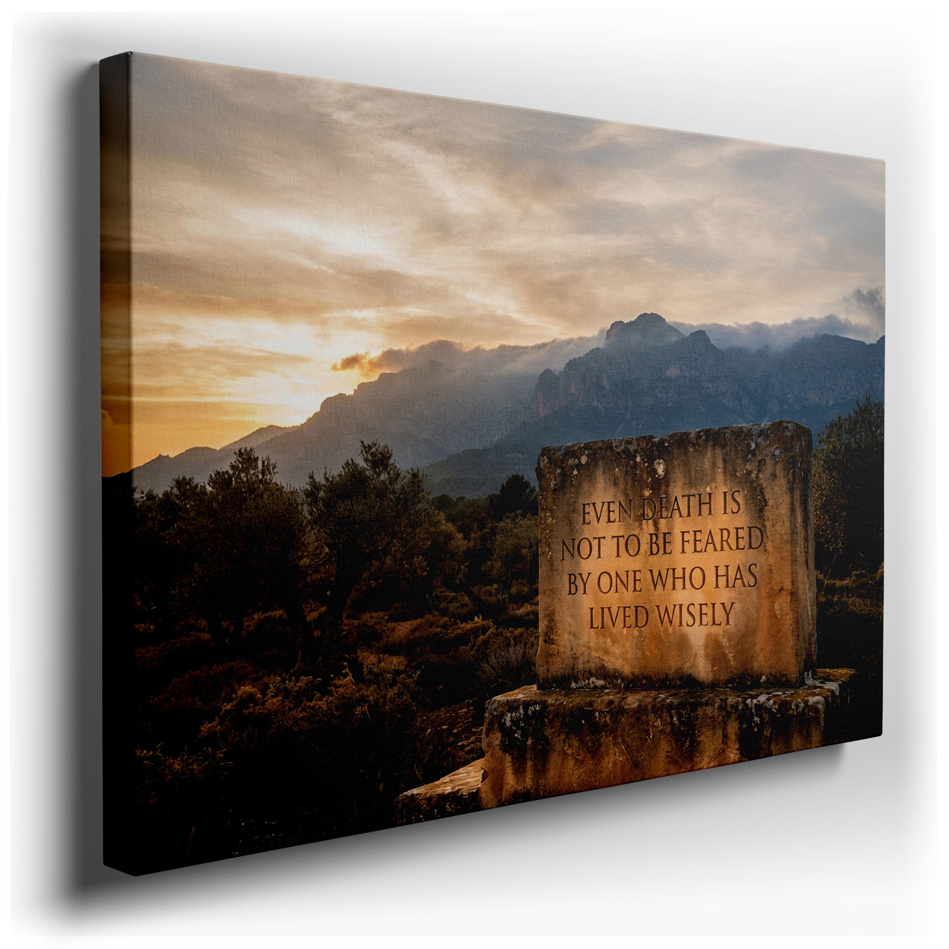 Wrapped Canvas displaying 'Even death is not to be feared...' quote set against a mountain landscape at sunset.