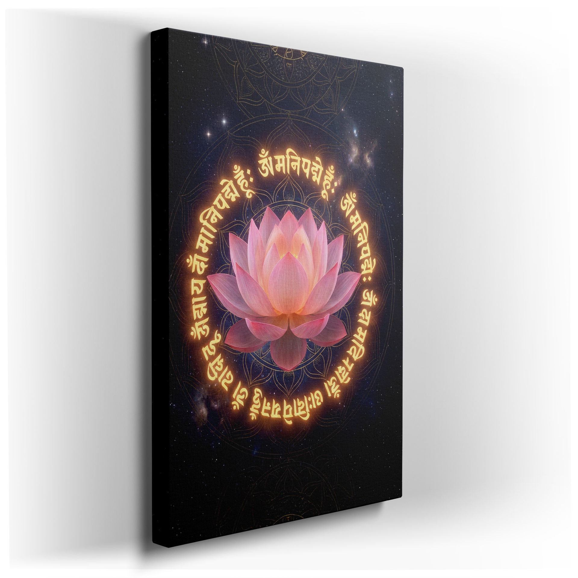 A lotus flower framed by Sanskrit mantras, creating unique spiritual wall art.