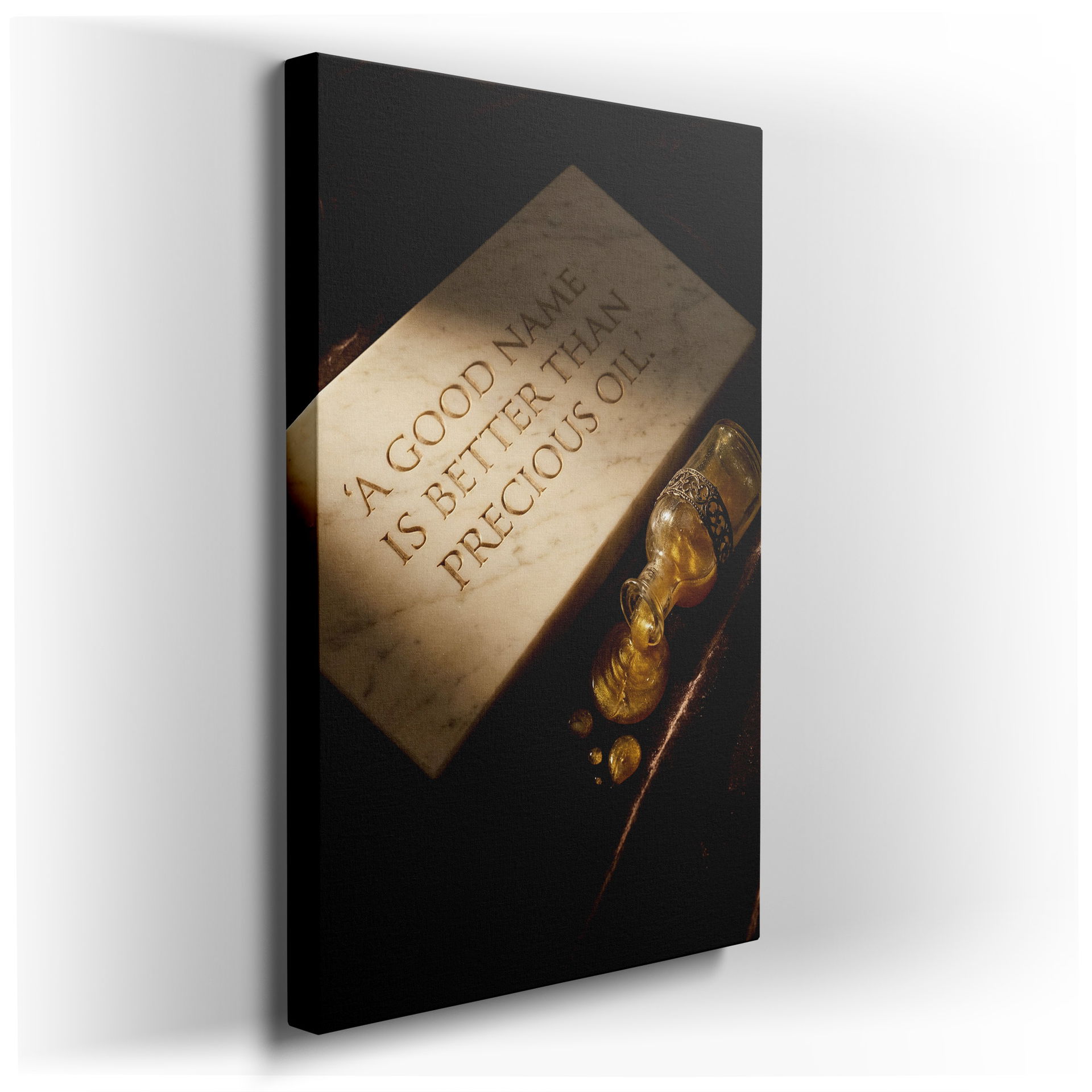 Stone plaque with inspirational inscription 'A good name is better than precious oil' wall art.