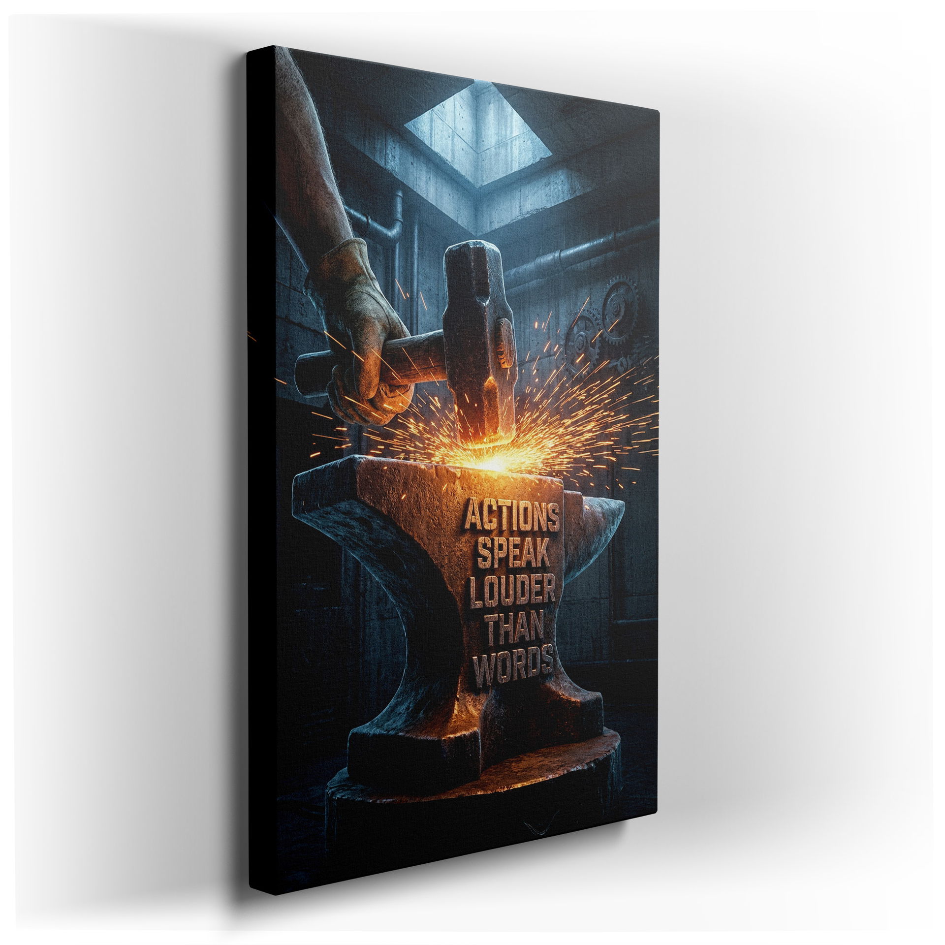 A gloved hand striking an anvil inscribed with 'Actions Speak Louder Than Words' - a motivational Wrapped Canvas.