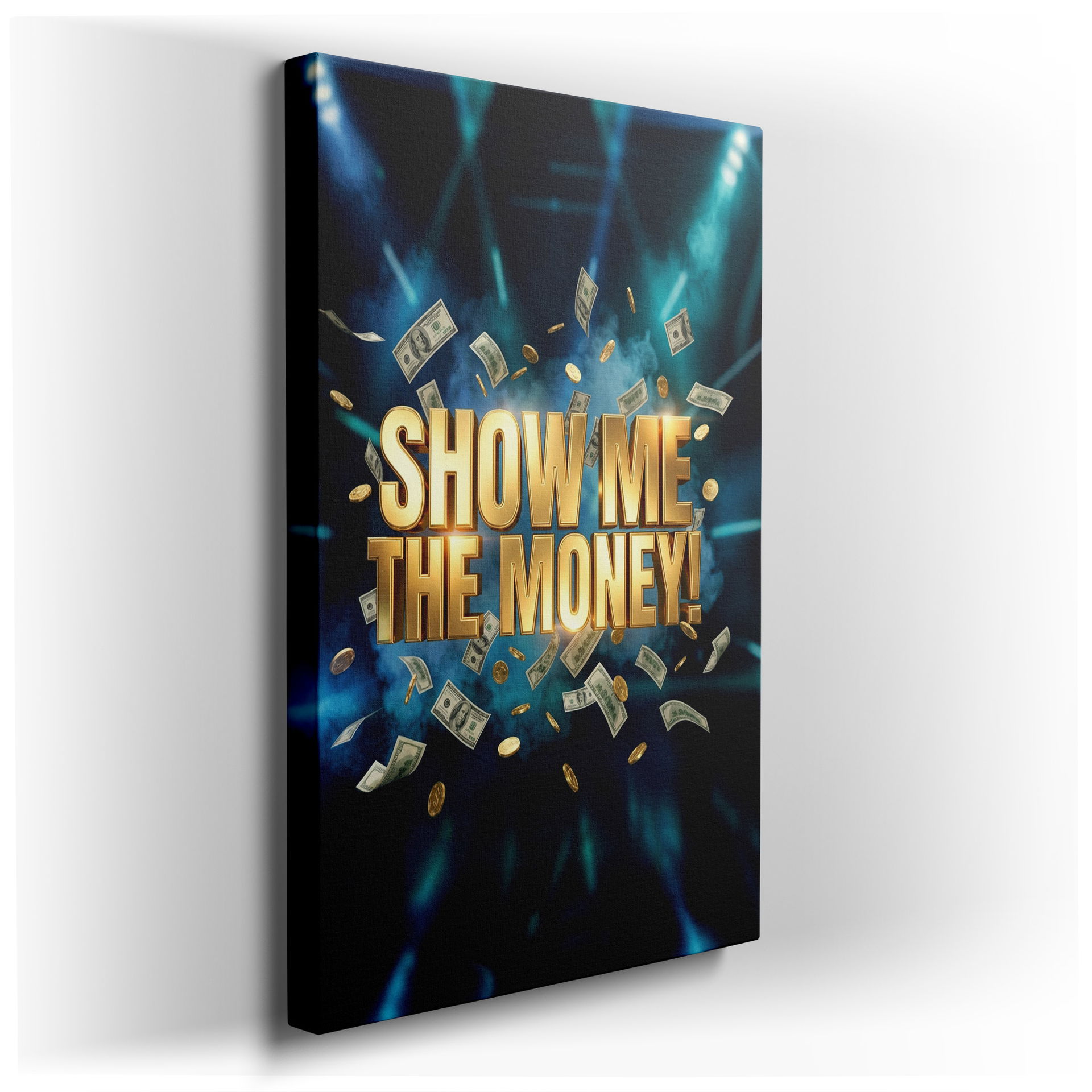 Gold lettering wall art: "Show Me The Money!" with falling coins and money creates a motivational statement.