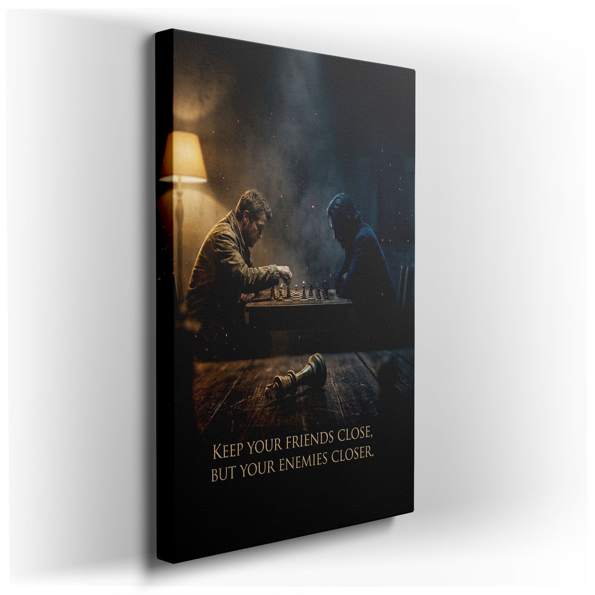 Dramatic chess game with fallen king piece, 'Keep your friends close...' quote displayed as stunning wall art.