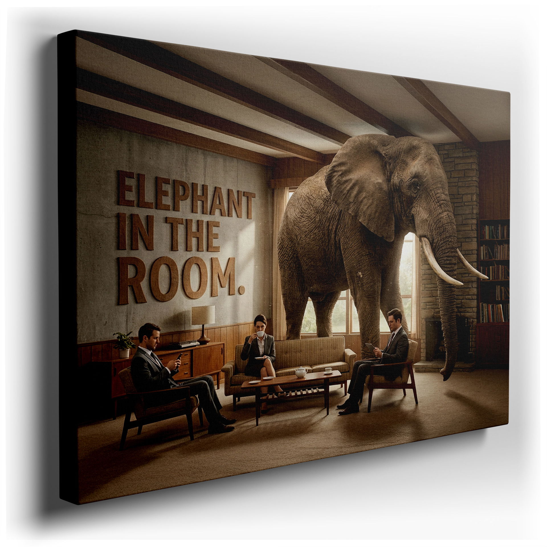 Surreal wall art shows an elephant in a room with people, a unique perspective for thought-provoking wall art.