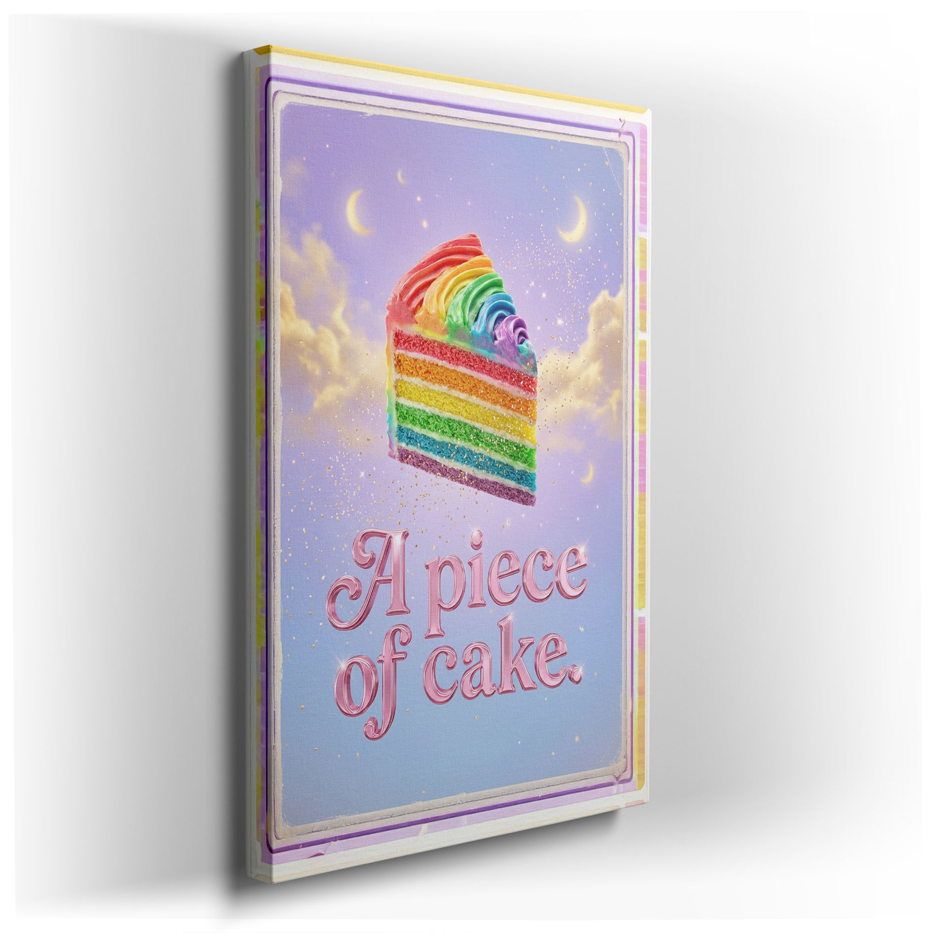 Rainbow cake slice wall art on canvas featuring a dreamy sky and the playful phrase 'A piece of cake.'